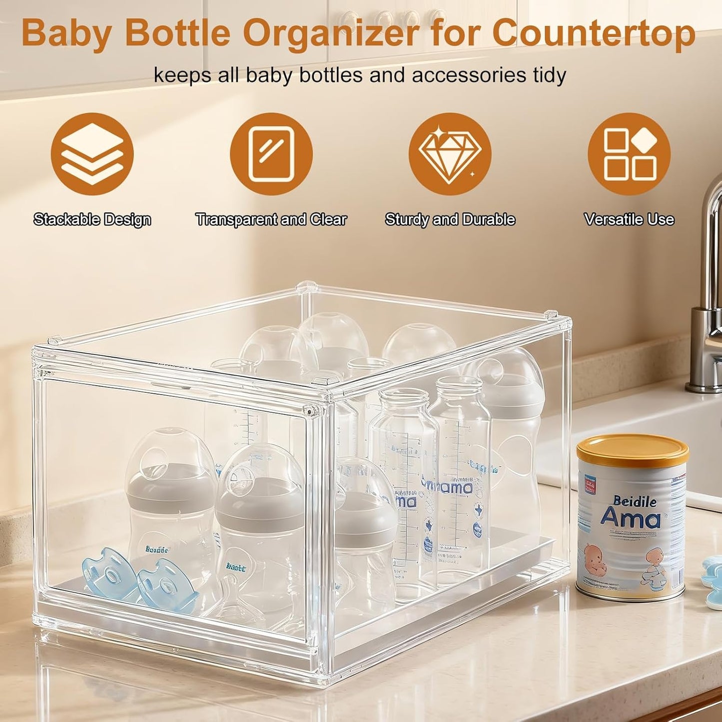 Baby Bottle Organizer, Clear Stackable Acrylic Storage for Countertop Cabinet, Baby Bottle Station Organizer with drawer for Pacifiers, Pump Parts