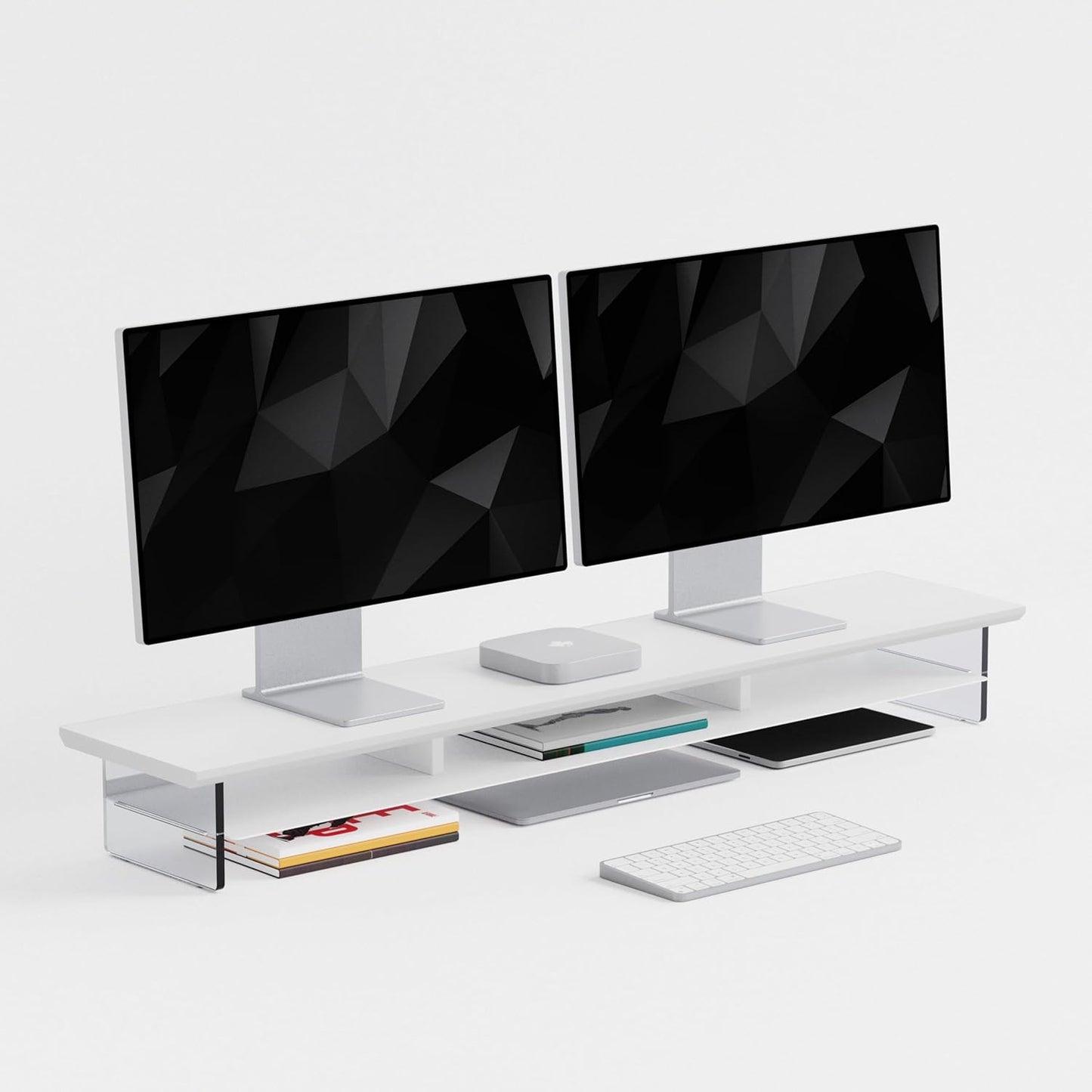 Dual‑Tier Monitor Stand for Modern Desk Setup – Minimalist Wooden and Metal Riser Shelf with Transparent Acrylic Feet for Dual Monitors, Laptops, Home Office Aesthetic，White