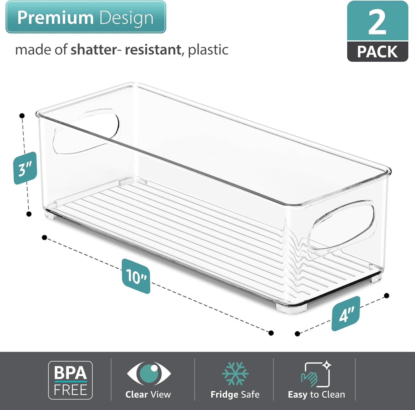 Sorbus Stackable Refrigerator Organizer Bins - Clear Storage Bins for Kitchen Pantry, Freezer & Fridge Organization - Food Organizing Plastic Containers with Handles for Countertops & Drawers (2 Pack)