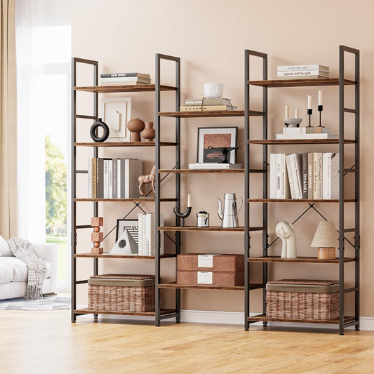 NUMENN Triple 5 Tier Bookshelf, Wide Book Shelf with 14 Open Display Shelves, Modern Tall Bookcase Furniture for Living Room Home Office, Vintage