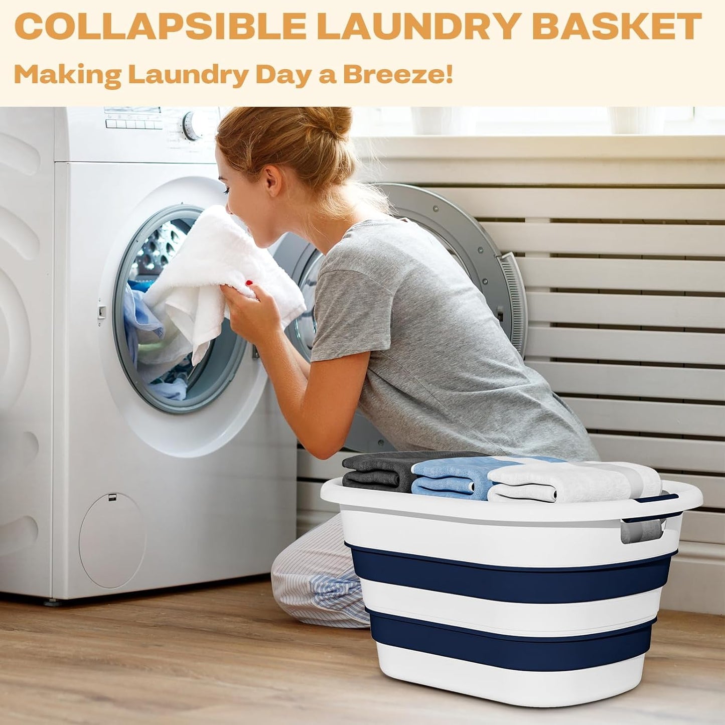 43L(11.5Gallon) Collapsible Laundry Baskets plastic, Pop Up Laundry hamper/Storage Container, Foldable Laundry Basket with Large Capacity,Sturdy,Space Saver (Blue, 2 Packs)