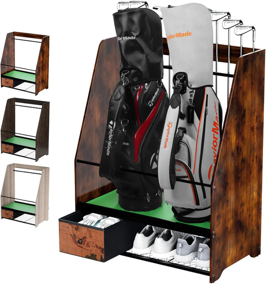 Golf Bag Organizer Rack – Large Wooden Golf Storage for 2 Bags, Clubs & Accessories with Dustproof Drawer, Sports Equipment Rack for Garage, Practice Room, Home or Office (Black)