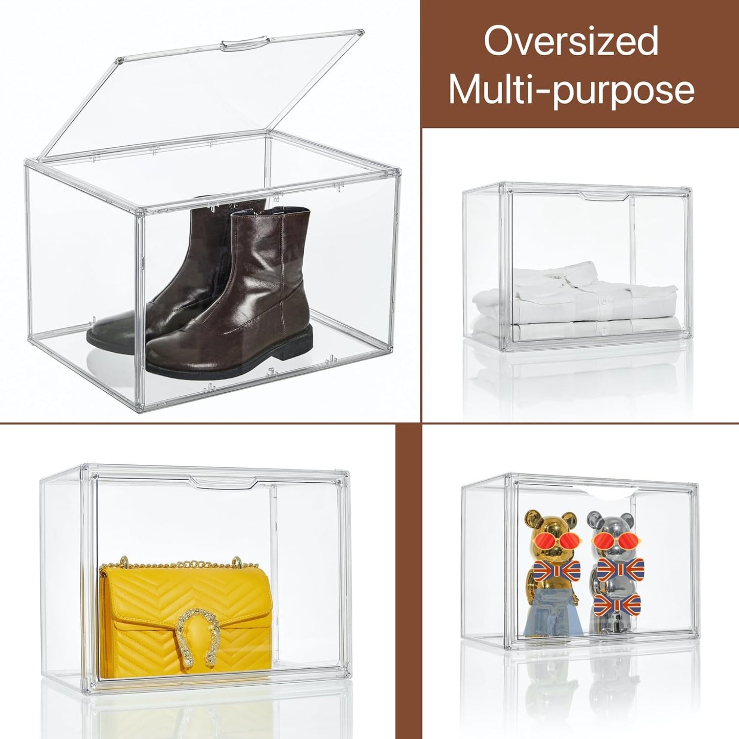 Attelite XXX-Large Clear Display Case Stackable Plastic Storage Bins with Lid, 2 Tiers Boot Shoe Box Organizers with an Adjustable Divider, Big Acrylic Display Storage Box with Magnetic Door