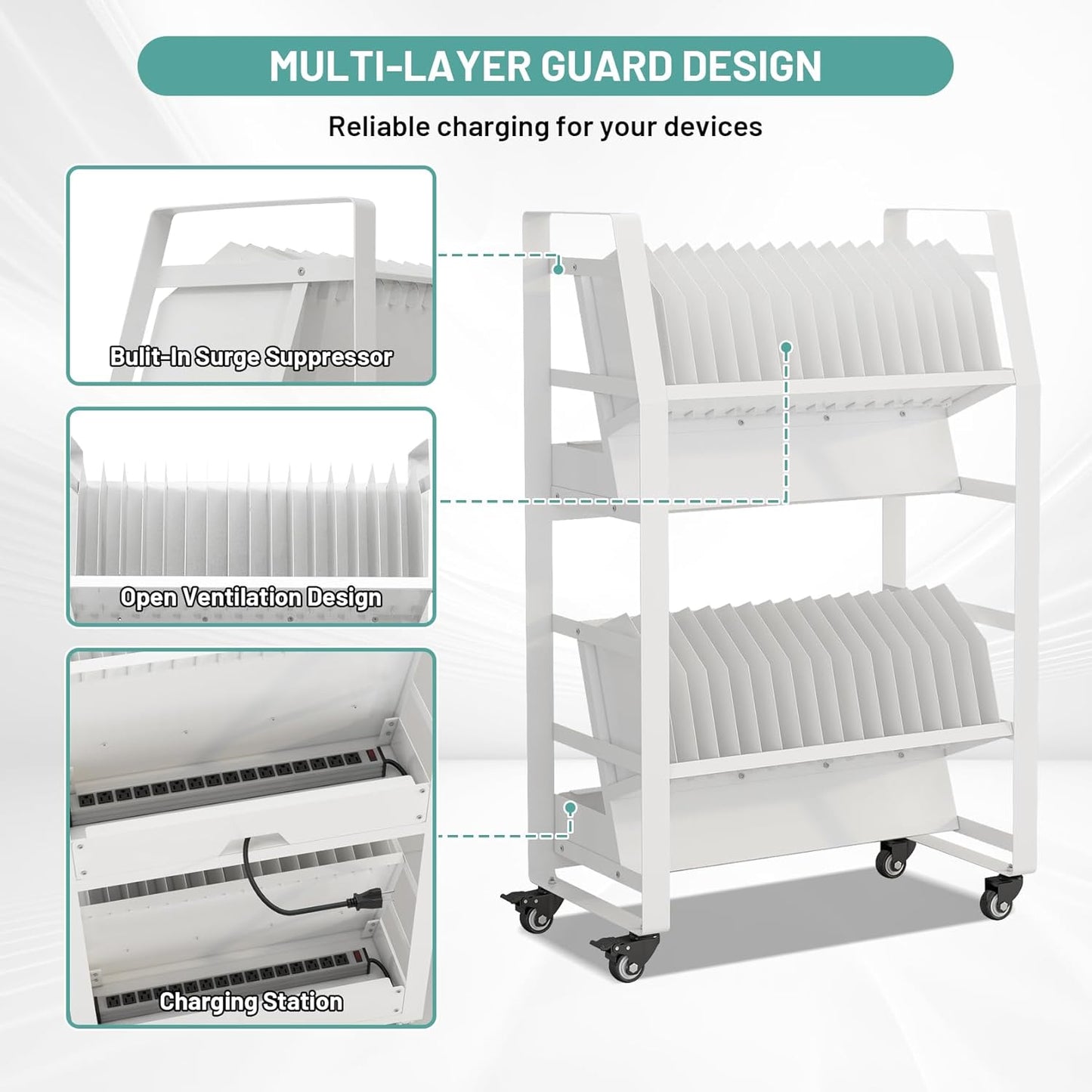 32-Device Mobile Charging Storage Cart, Lockable Charging Station with Removable Slots & Cable Management for Tablets, iPads