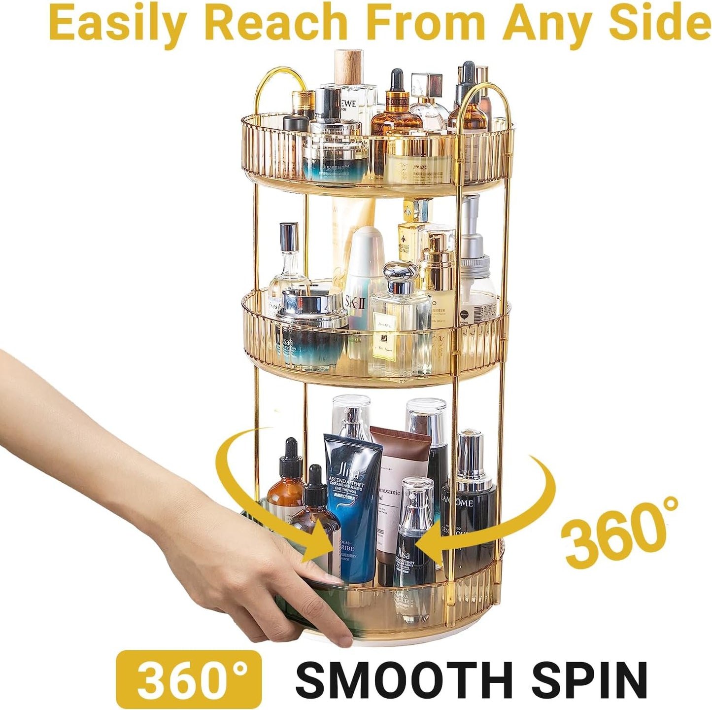 360 Rotating Makeup Organizer for Vanity,3 Tier Large Capacity Vanity Storage,Skincare Perfume Spinning Organizer,Bathroom Cosmetics Storage Makeup Stand Organizer (Gold-3 Tier)