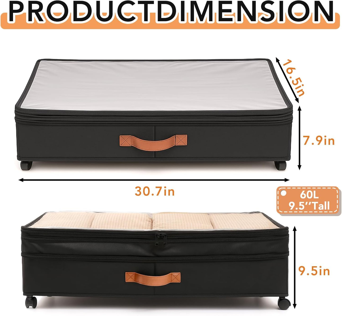 AVOKIHI Under Bed Storage Containers with Wheels 2-Pack, 60L Large Underbed Organizer Box for Clothes, Blankets & Shoes, 9.5 Inch Adjustable Height Under the Bed Storage Bin with Clear Top (Black)