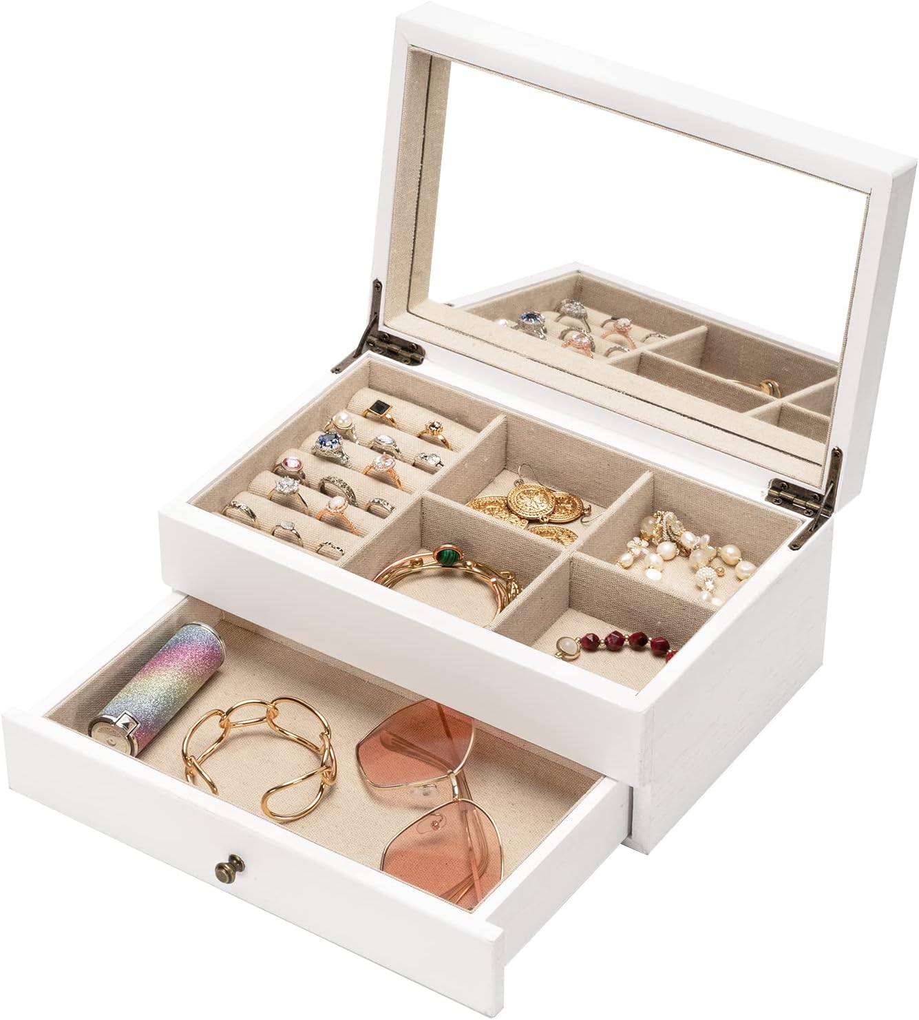 Meangood Jewelry Box Organizer for Women, 2 Layer Large Jewelry Storage Case, Rustic Wooden Jewelry Box with Mirror & Ring Tray for Necklace Earring Bracelets Rings, Vintage Style (White)