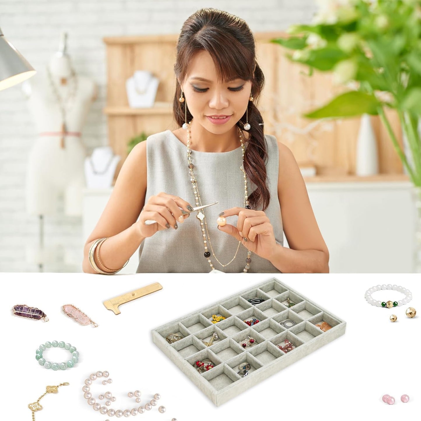 2pcs/Set Velvet Jewelry Tray, 24 Grids Large Storage Tray for Bracelet Bangle Beads Display, Jewellery Organizer Box Tray for Home Drawer or Shop Store Selling Show (Grey Velvet)