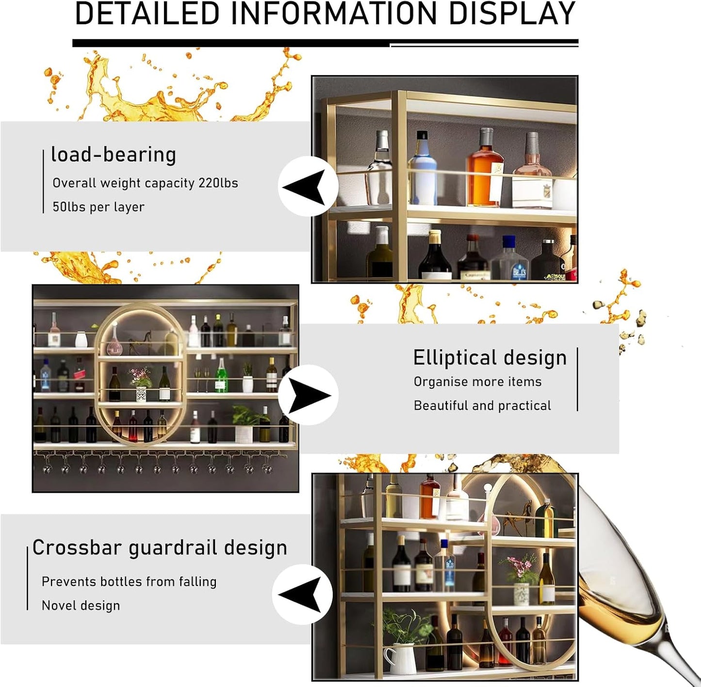 Large Wall Mount Wine Rack, Metal 4 Tier Large Capacity Hanging Bar Rack with Wine Glass Holder, Oval Wine Bottle Storage Display Rack for Kitchen, Living Room, Home (Gold, 140cm/55.1in)