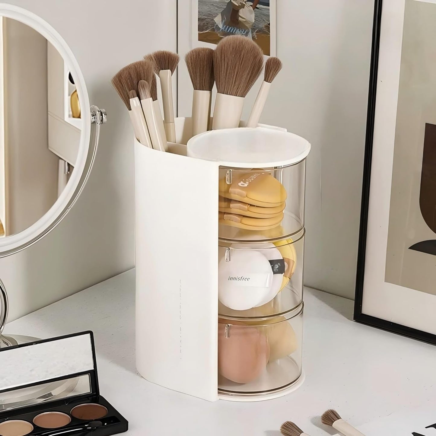 Hair Accessories Organizer with Hair Brush Holder, Rotatable Makeup Brush Holder for Necklaces, Earring, Bracelet, Ring, Makeup Brushes, Hair Clip and Hair Accessories (White, 3-Layer)
