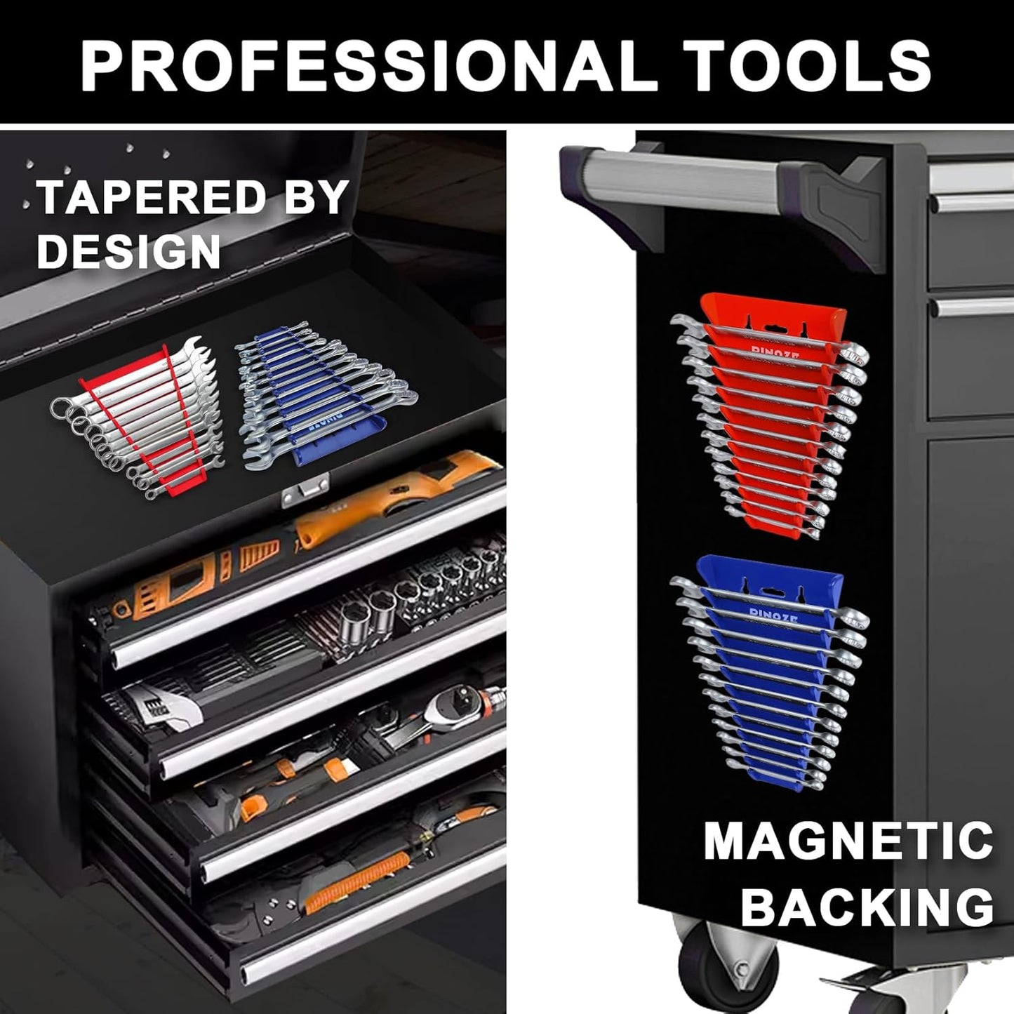 4-Piece Magnetic Wrench Organizer, 48-Slot Wrench Rack Tool Trays, Durable ABS Wrench Holder for Tool Box Drawer Chest, SAE (1/4" to 1-1/16") & Metric (6 to 24mm), Red/Blue