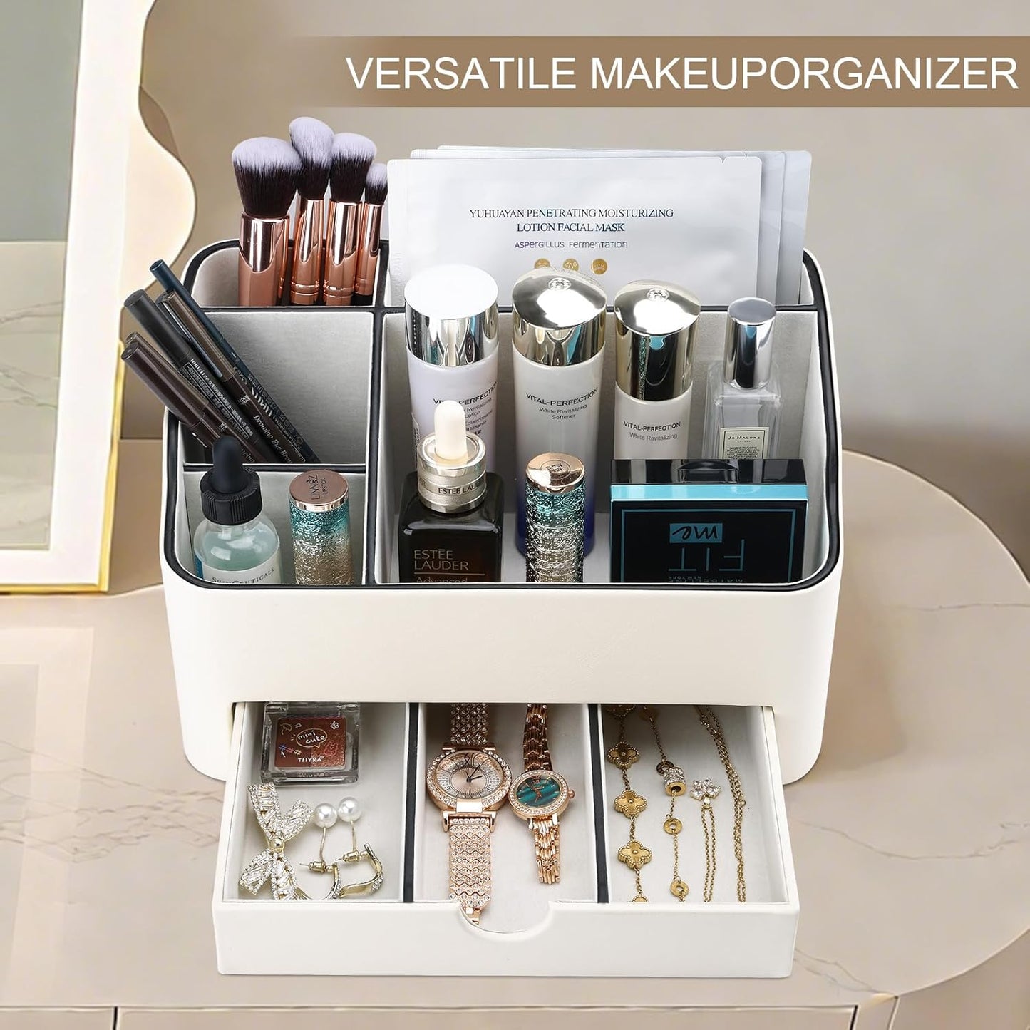 KINGFOM Desk Organizer with Drawer, Multifunction Pencil Holder for Desk, Desk Organizer and Accessories 5 Comparetments for Home Office Supplies (Ivory White)