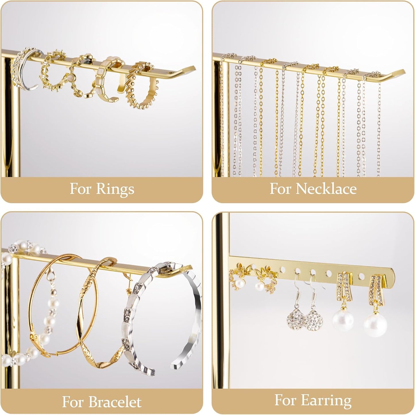pickpiff Jewelry Stand Organizer Necklace Holder- 12.5" Sturdy Earring and Bracelet Hanger, Mirrored Gold, Aesthetic Room Decor