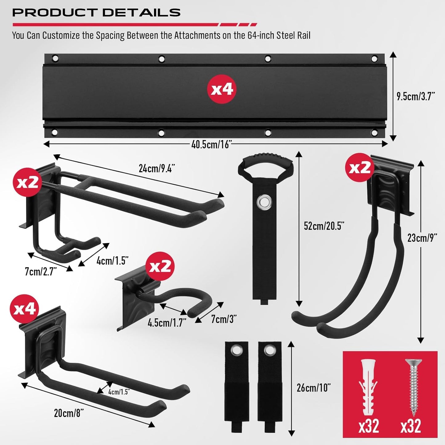 SEDY 64" Heavy Duty Garage Storage Tool Organizer Wall Mount - Tool Rack with Adjustable Hooks, Anti-Rust, 300lbs Capacity - Easy Installation (4 Racks, 10 Hooks, 3 Straps)