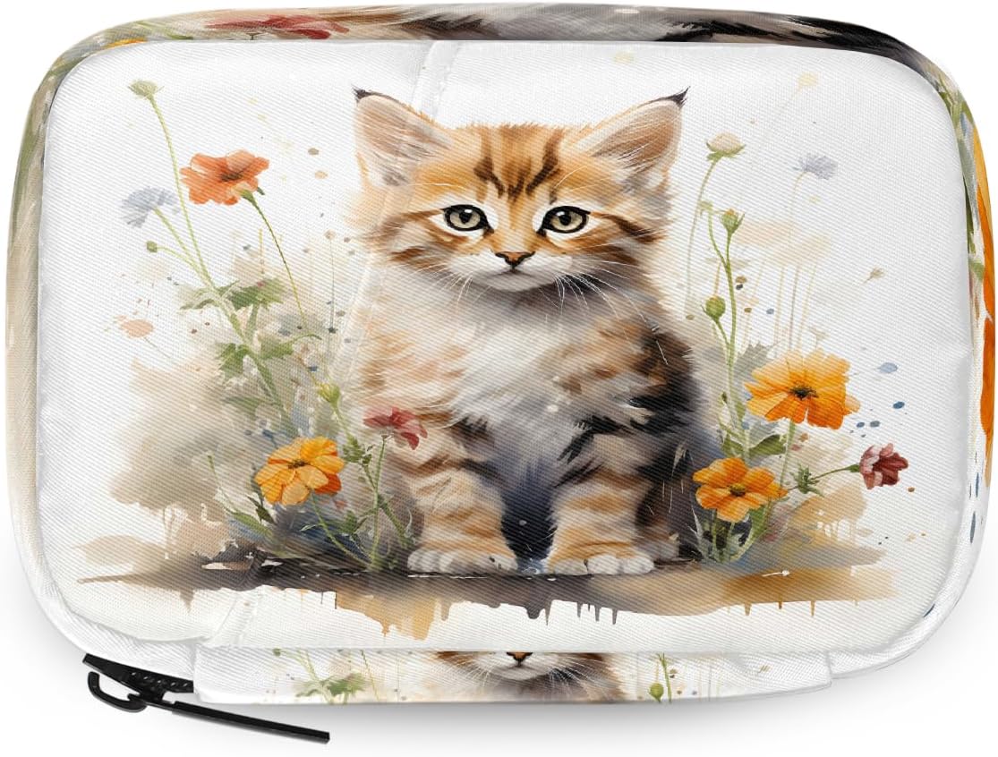 Watercolor Lovely Cat Flower Pill Organizer Travel Medicine Case with Zipper Daily Vitamin Storage Bag Portable 8 Slot Weekly Pill Box Supplement Holder for Home Office Gym Travel