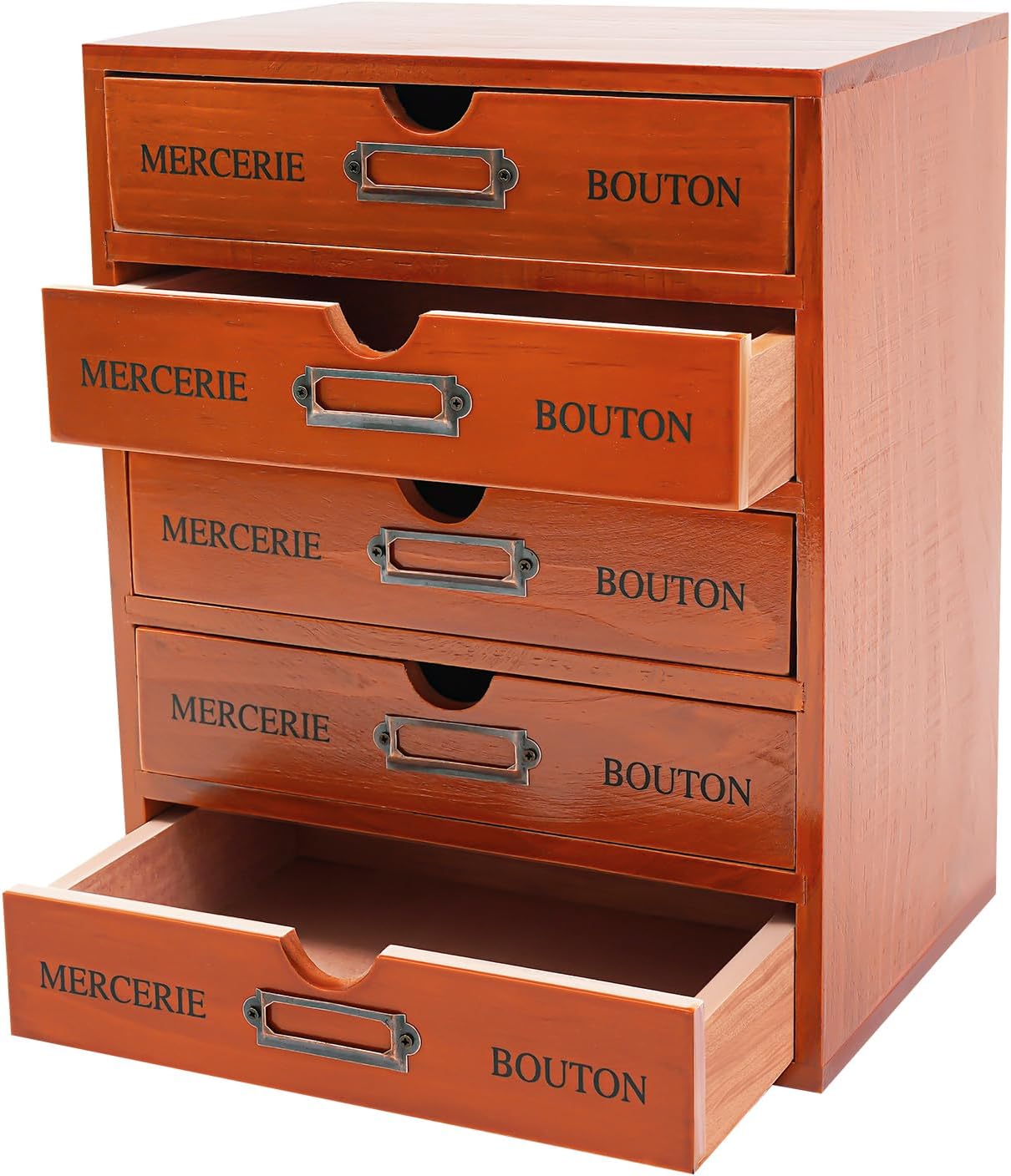 Vintage 5-Drawer Wooden Desk Organizer, Apothecary Cabinet & Library Card Catalog Storage Box, Rustic Freestanding Desktop Organizer for Stationery Crafts Jewelry Office Home Supplies (Brown)