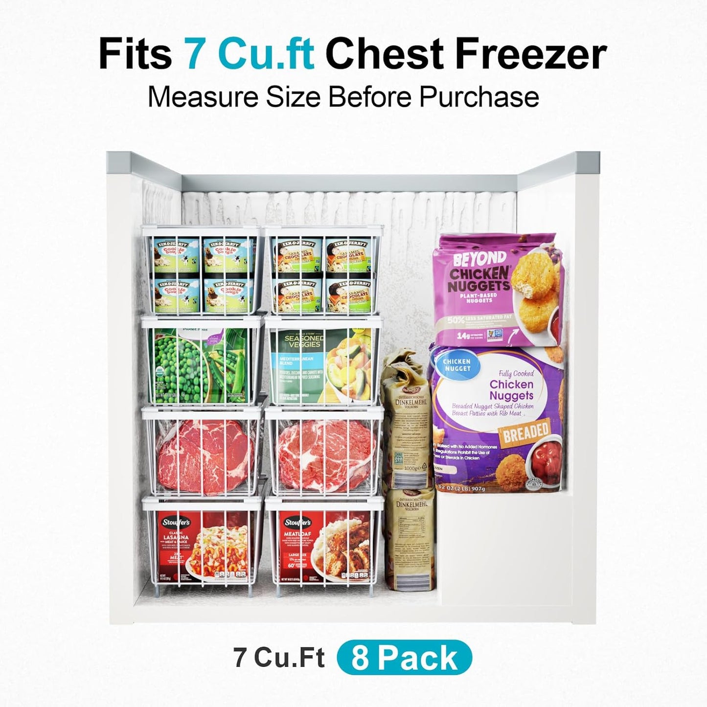 iSPECLE Chest Freezer Organizer Bins - 3 Pack Small Stackable Deep Freezer Organizer Bins for Most 7 Cu.FT Chest Freezer Sort Frozen Meats, Freezer Storage Bins Easy Access Food without Digging, White