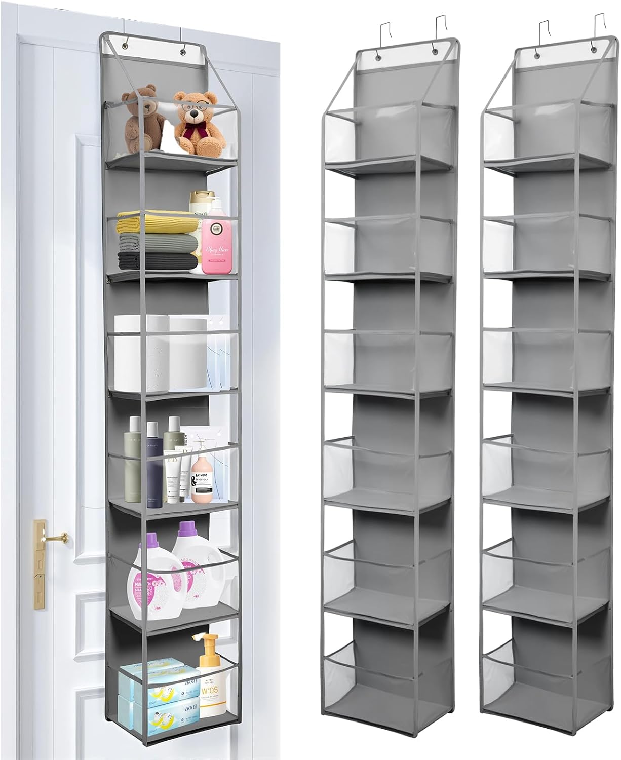 2 Packs Over The Door Organizer - 6-Shelf Hanging Storage Organizer with Clear Plastic Pockets - Large Capacity Pantry Storage Shelf for Bathroom, Bedroom, Nursery (Grey)