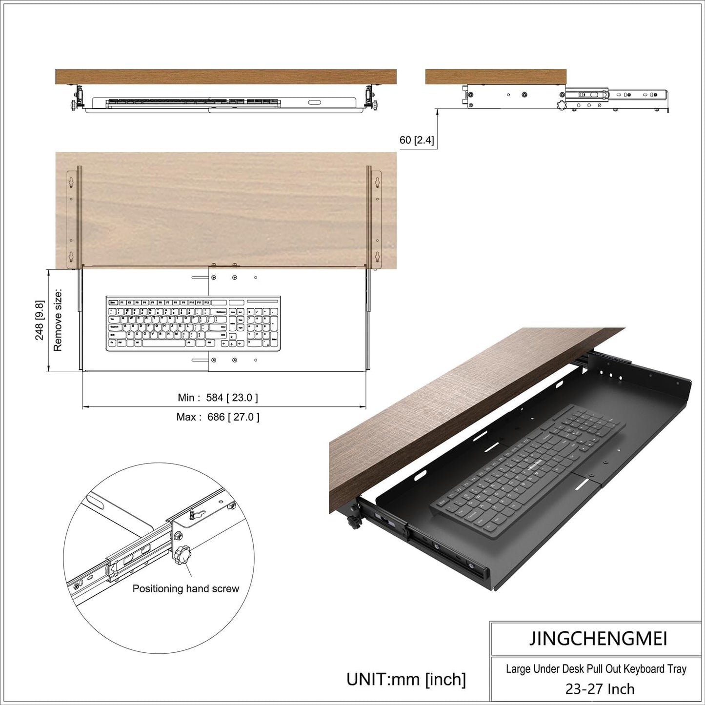 JINGCHENGMEI Sliding Keyboard Tray Under Desk, Pull-Out Keyboard and Mouse Tray, 27 x 9.8 inches Large Platform Slide-Out Computer Drawer for Typing, Metal, Black