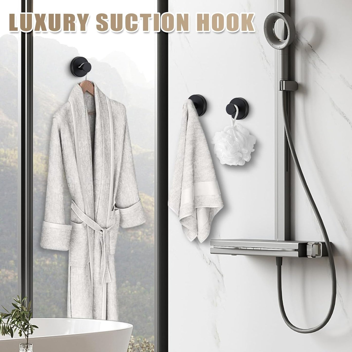 Suction Cup Hooks for Shower No-Drill Bathroom Hooks for Towels, Robes, Loofah Mountable on Bathroom Walls, Kitchen, Glass, Mirrors, Tile and Smooth,Non-Porous Surfaces (4, Matte Black)