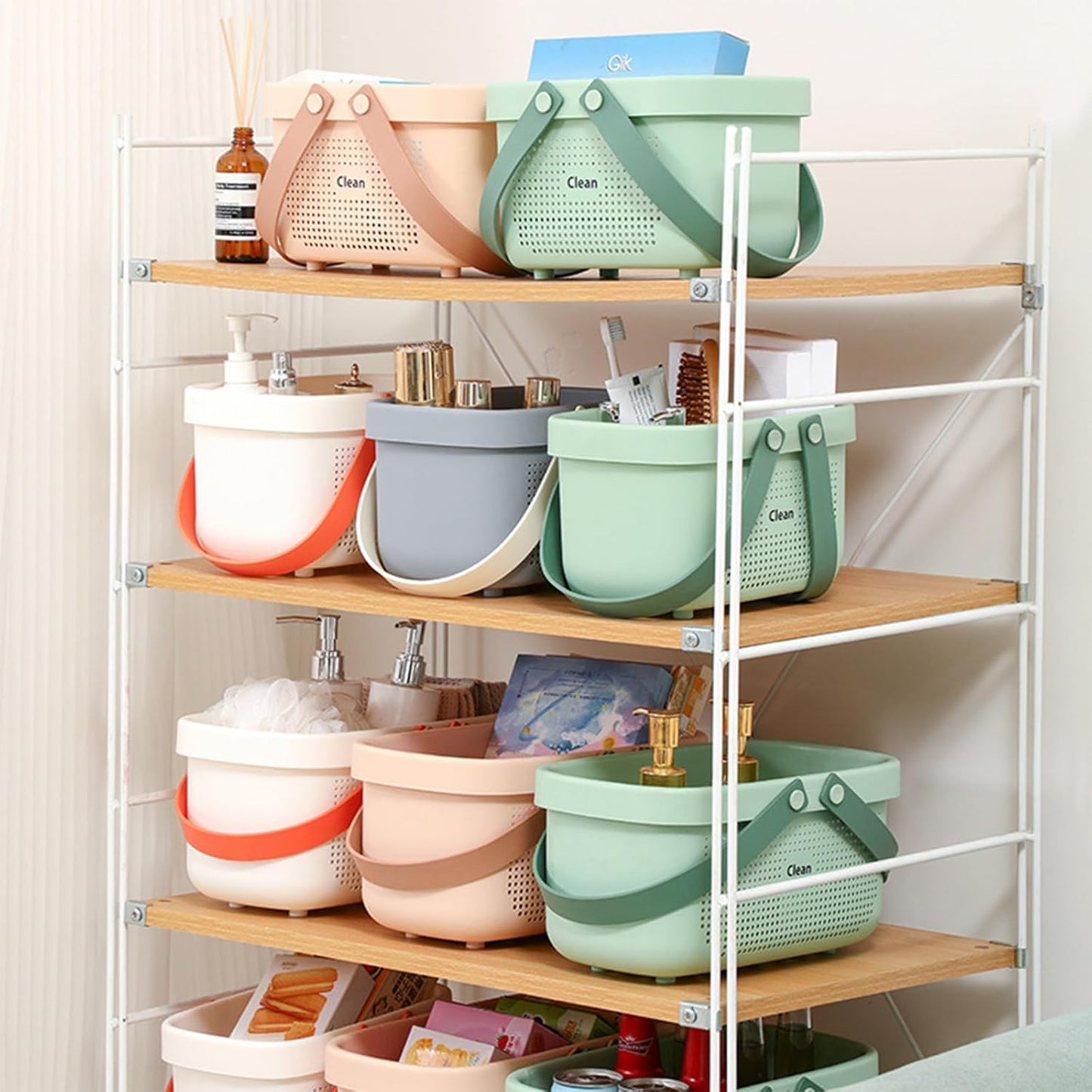 JiatuA Plastic Storage Basket with Handle Portable Shower Caddy Tote Organizer Basket Bin for Bathroom Kitchen Dorm Room Bedroom, Small Pink