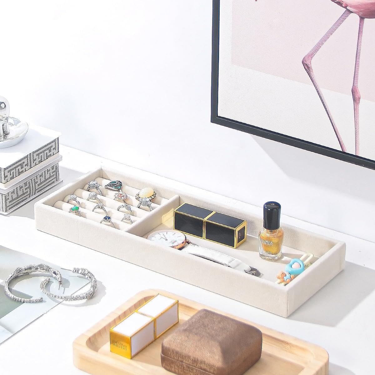 Divided Drawer Organizer Tray, Velvet Jewelry Storage Tray, Necklace Bracelet Ring Earring Display Tray,Bedside Nightstand Desk Holder Tray for Phone Watch Sunglasses Cosmetics Storage/Beige/2grid
