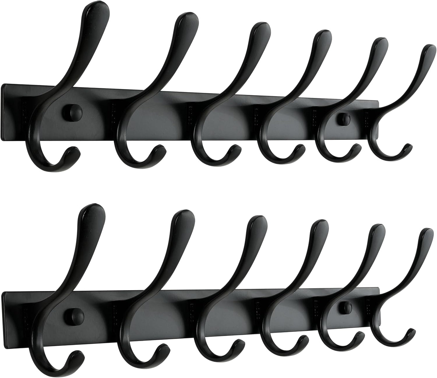 SKOLOO Heavy Duty Wall Mounted Coat Rack - 6 Hooks, Stainless Steel, Pack of 2, Sturdy Coat Hooks for Hanging Clothes, Jacket, Hat, Black