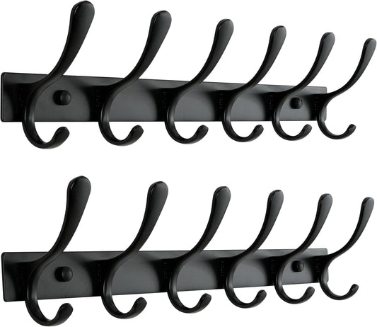 SKOLOO Heavy Duty Wall Mounted Coat Rack - 6 Hooks, Stainless Steel, Pack of 2, Sturdy Coat Hooks for Hanging Clothes, Jacket, Hat, Black