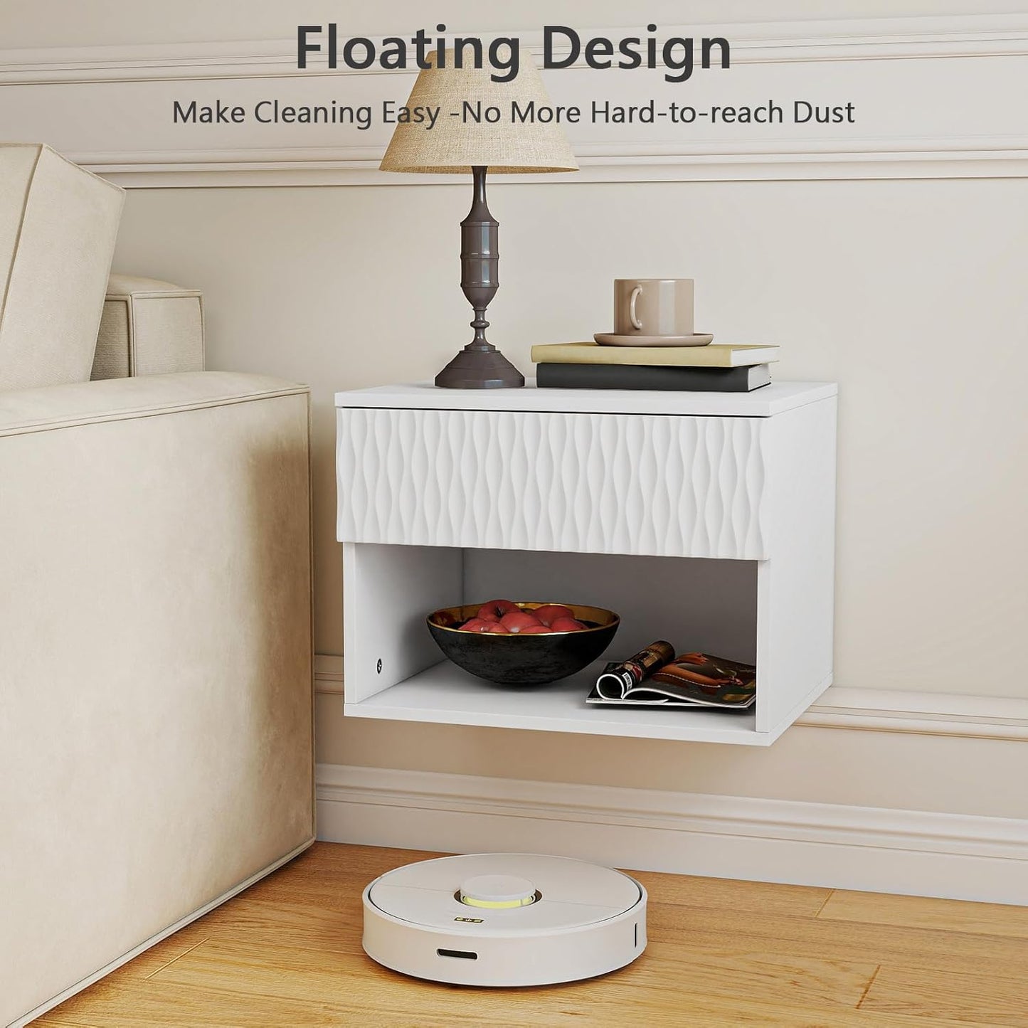 Vibe & Dine Floating Nightstand Set of 2, Wall Mounted Night Stand with Wavy Pattern Design, Modern Bedside Tables with Drawers for Bedroom, Easy Assembly, White