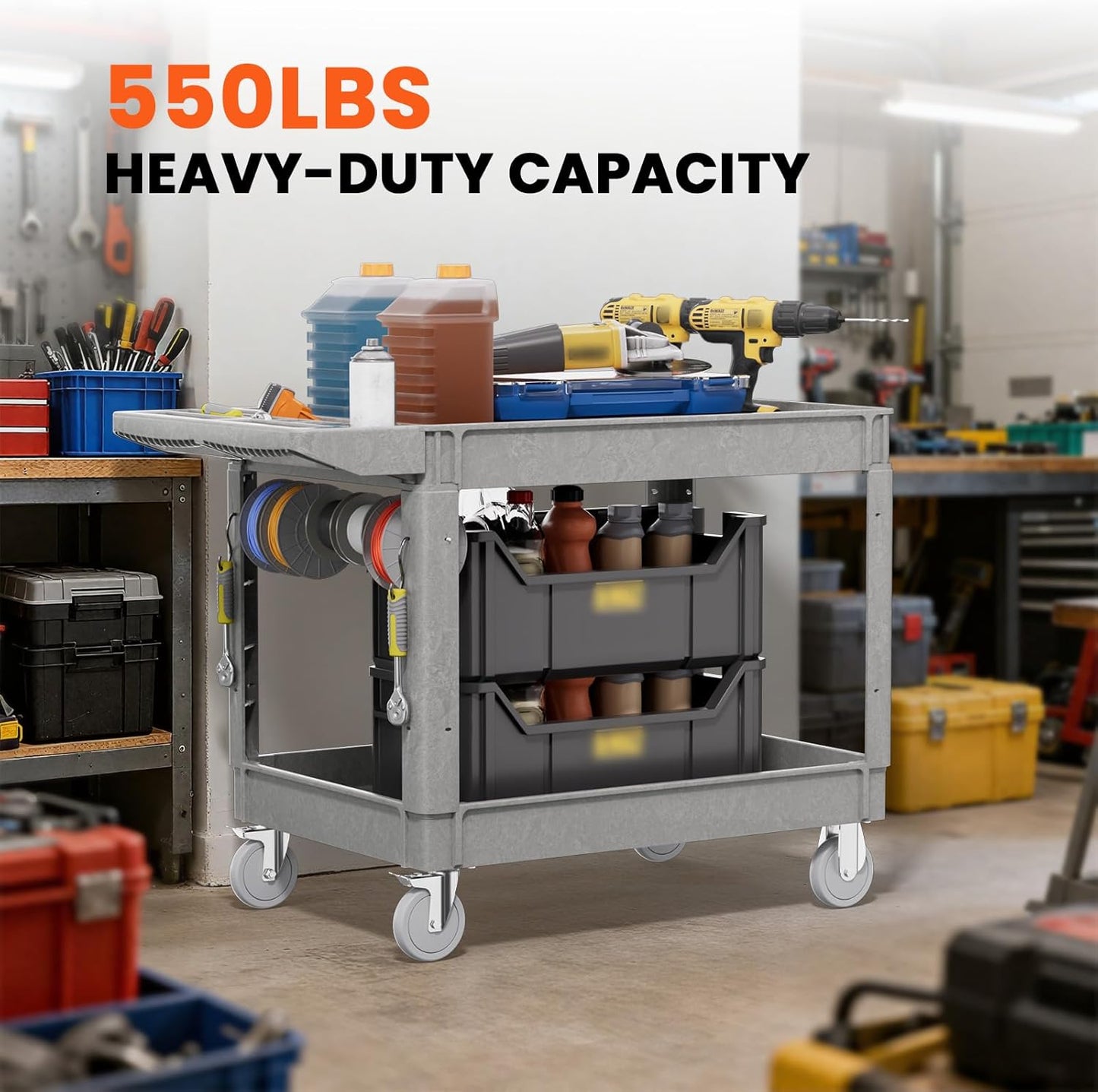 2 Tier Plastic Rolling Utility Cart on Wheels, Heavy Duty Tool Cart with Deep Shelves and 360° Swivel Wheels Holds up to 550 lbs, Service Cart for Warehouse,Garage, Cleaning (Gray-L)