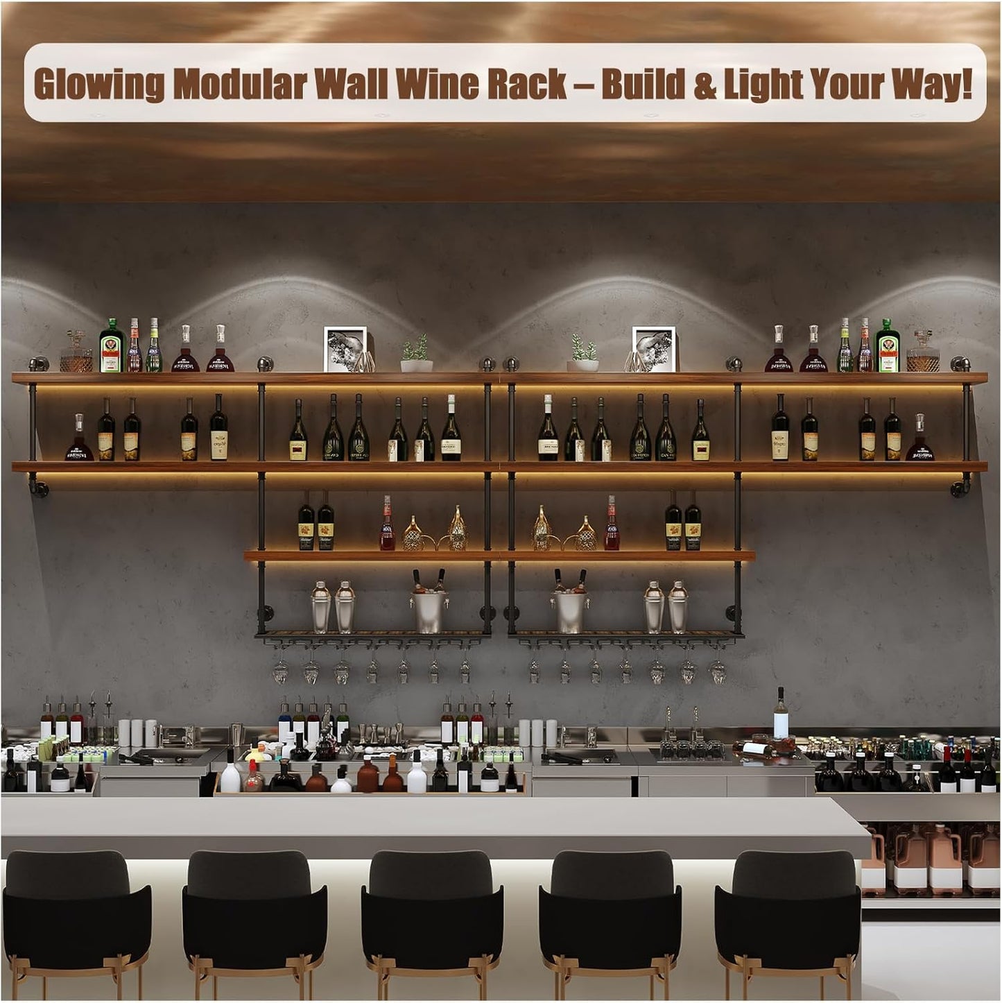 Solid Wood Wall Mounted Wine Rack, Large Wine Rack with LED Light, 4 Tiers Liquor Bottles Floating Shelves with Glass Holder, Industrial Bar Shelves for Home Bar Dining Room (157.5 IN/ 400CM)