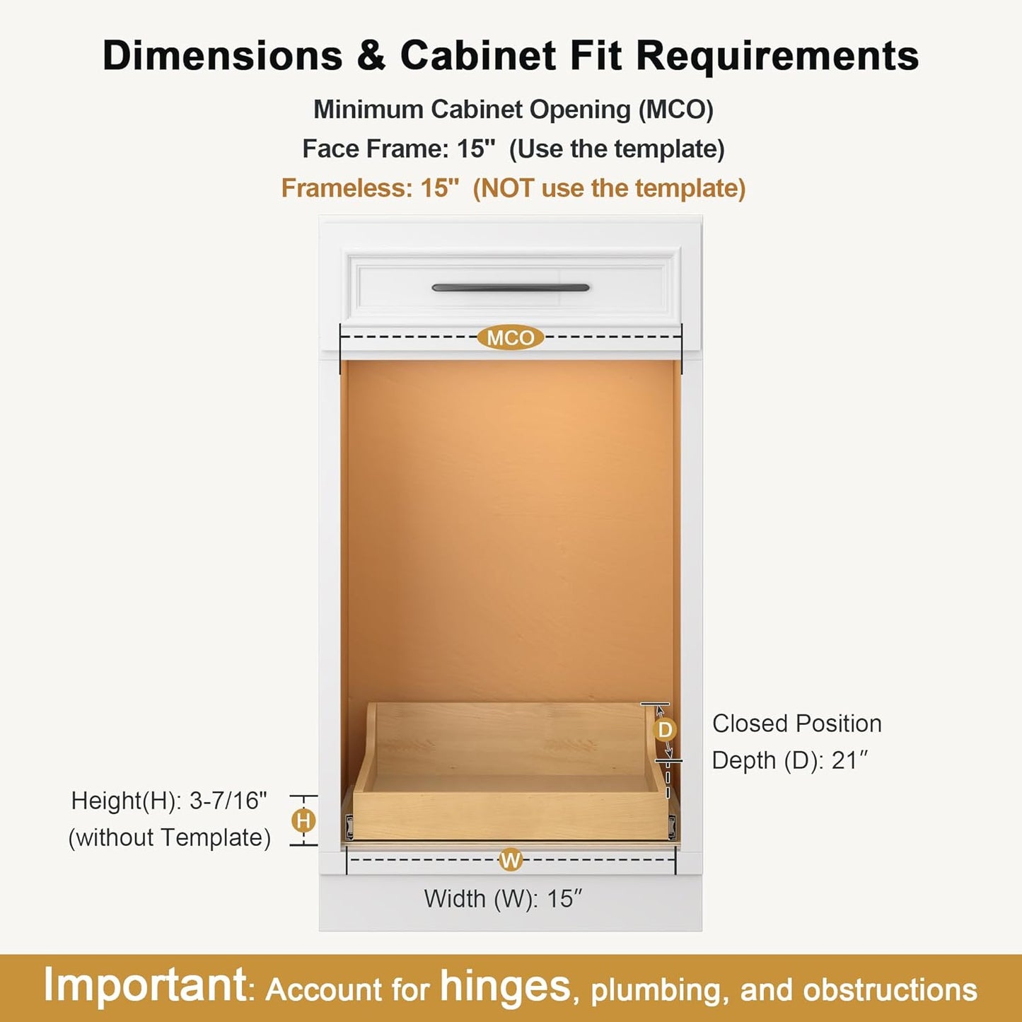 ALINE FURNITURE Birch Pull Out Drawers for Cabinets, 15" W x 21" D x 6" H Soft-Close Slide Out Drawer for Kitchen Cabinets, Pull Out Shelves, Pantry Cabinet Organizer, with Pre-Drilled Wood Template