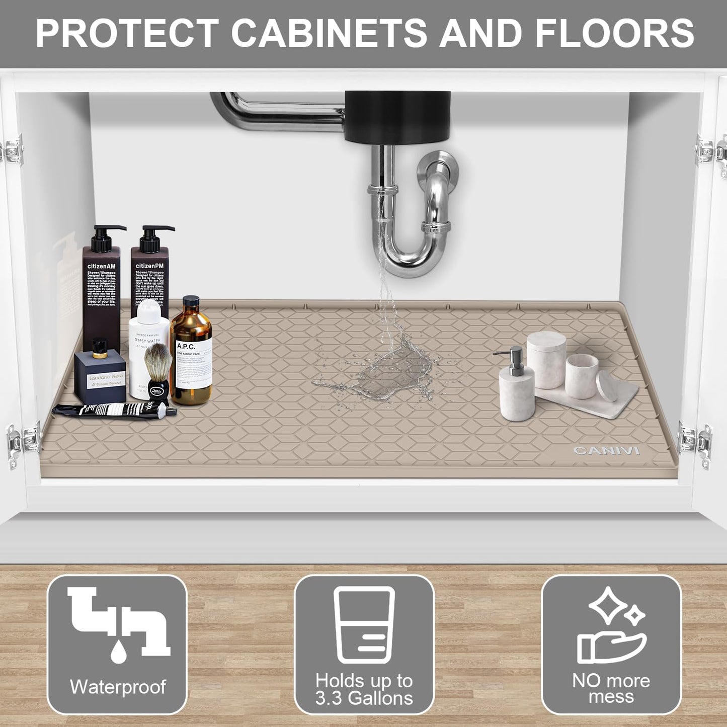Under Sink Mat, 34" x 19" Waterproof Silicone Under Sink Tray for Kitchen & Laundry Cabinets, Kitchen Cabinet Shelf Protector, Up to 3.3 Gallons Liquid, Fits 36 inch Standard Cabinet Apricot