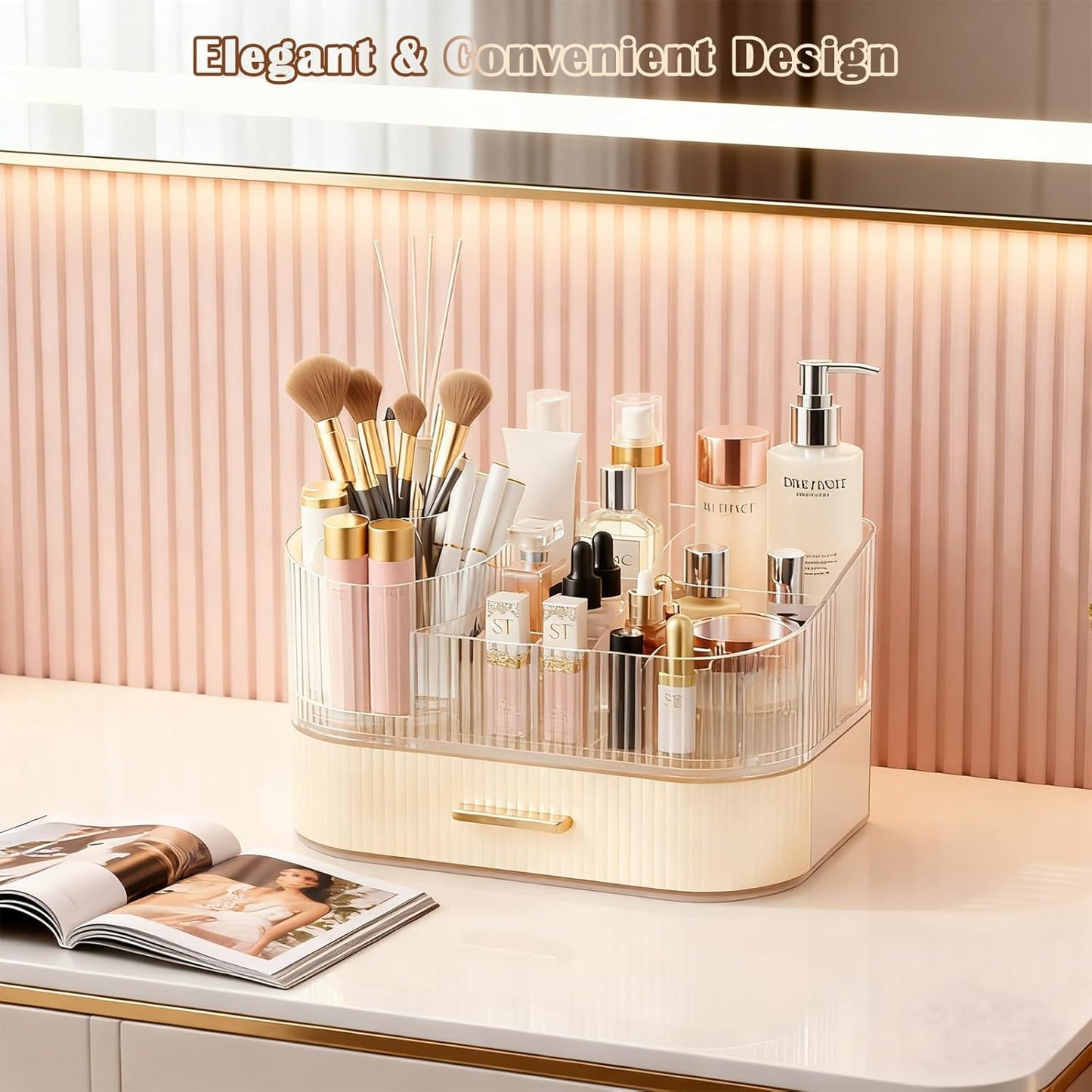 Makeup Organizer for Vanity with Stackable Drawers, 360 Rotating Makeup Brush Holder Large Cosmetic Display Case for Dresser, Bathroom Countertop Skincare Organizers and Storage