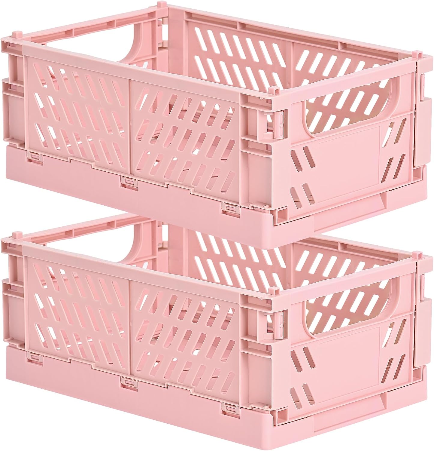 2-Pack Small Pastel Plastic Storage Baskets, Collapsible Crates for Organizing, Space-Saving Mini Bins for Classroom, Kitchen, Office, Bedroom (Pink, 9.8" x 6.5" x 3.8")