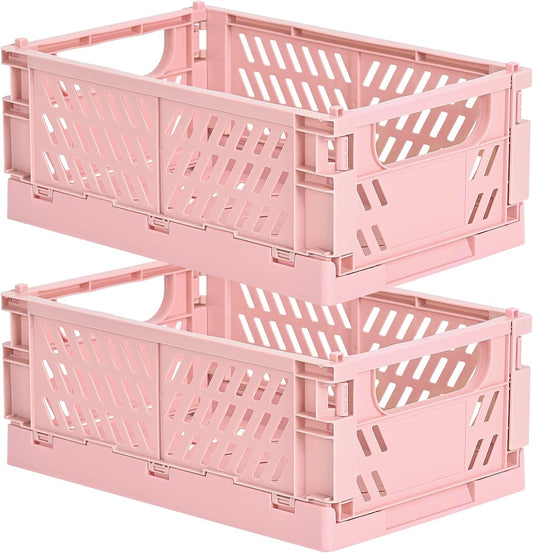 2-Pack Small Pastel Plastic Storage Baskets, Collapsible Crates for Organizing, Space-Saving Mini Bins for Classroom, Kitchen, Office, Bedroom (Pink, 9.8" x 6.5" x 3.8")