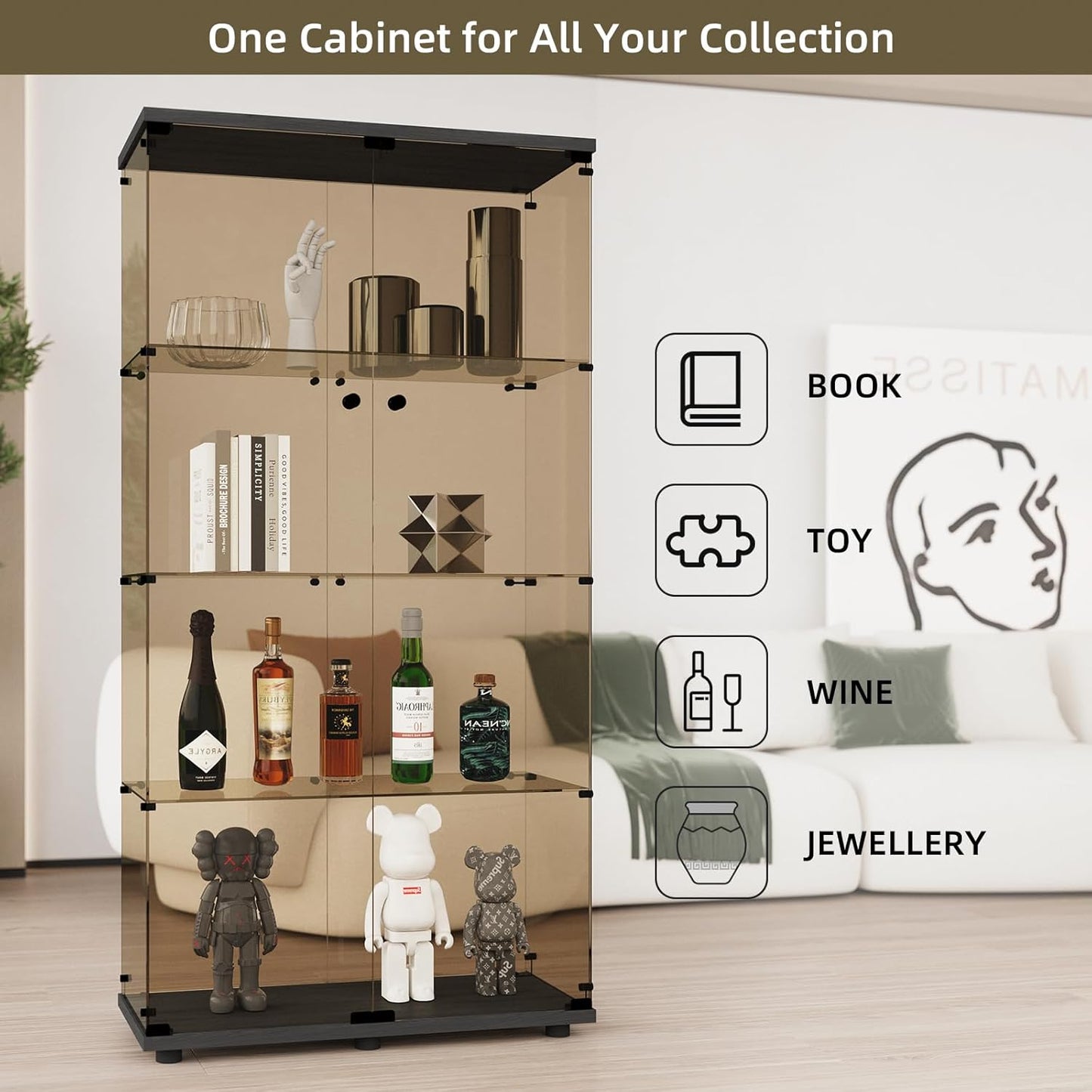 Beauty4U Glass Display Cabinet with 4 Shelves, 2 Doors Curio Cabinets for Living Room, Bedroom, Office, 5mm Brown Tempered Glass Floor Standing Bookshelf, Quick Installation