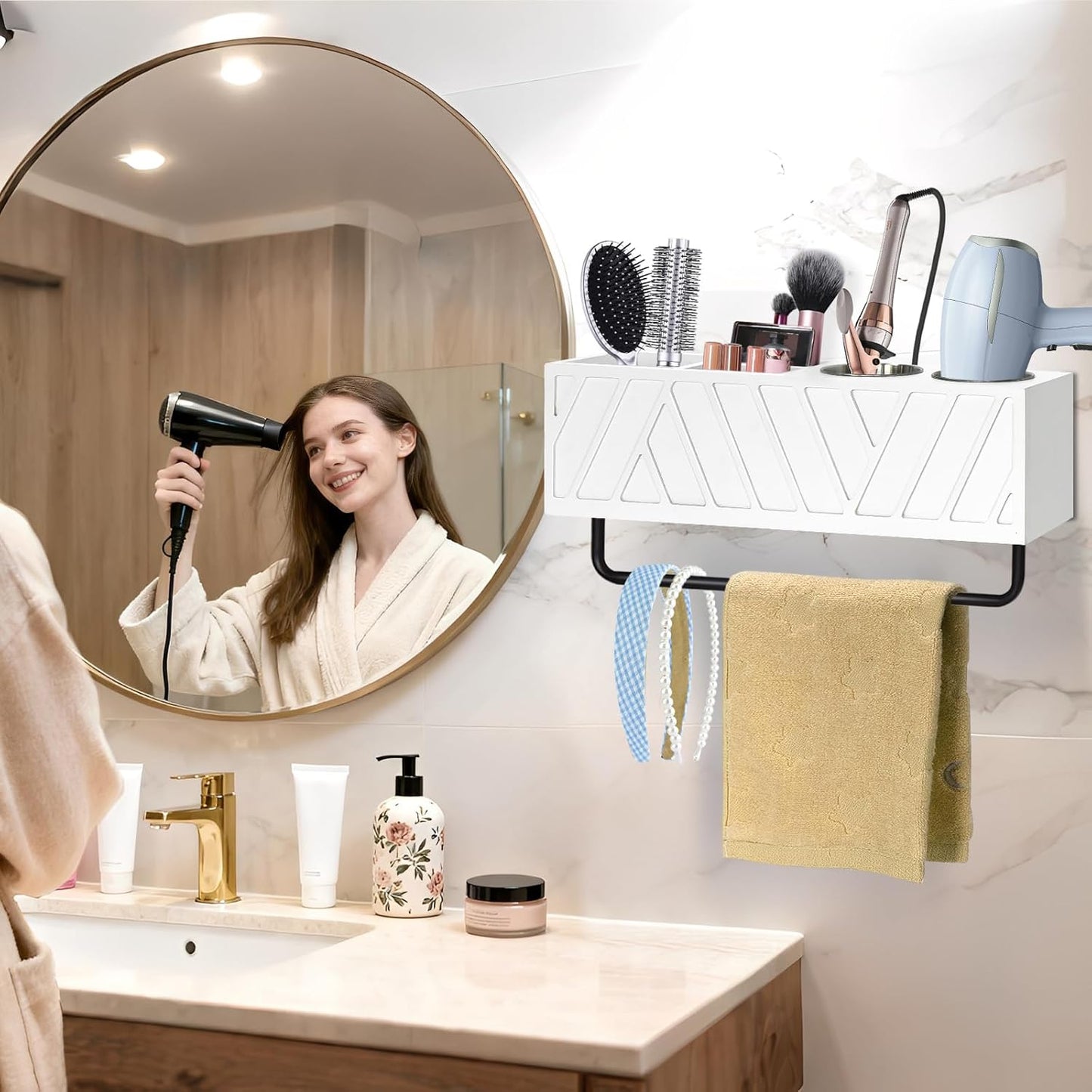 Hair Tool Organizer Wall Mounted with Towel Bar, Wood Hair Dryer and Styling Holder for Bathroom, Vanity Caddy Storage Stand for Storage Bathroom Accessories, Flat Iron, Blow Dryer, Brushes(White)