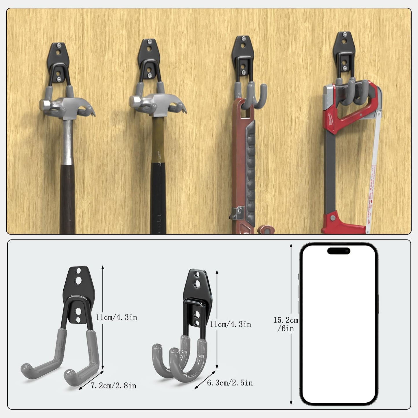3-H Garage Wall Hooks 10 Pack, Heavy Duty Garage Hooks with Extra Welding Spots, Wall Mount Storage Organizer for Hanging Garden Lawn Tools, Chair, Shovel, Blower, Toolkit (Grey)