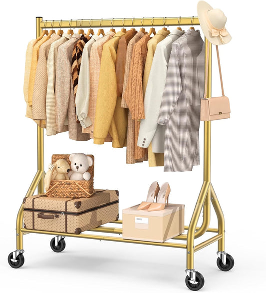 EAGMAK Heavy Duty Clothes Rack Load 420 LBS, Rolling Garment Organizer with Lockable Wheels, Standing Metal Clothing with Shelves, Portable Wardrobe Rack Sturdy Coat Rack for Hanging (Gold)