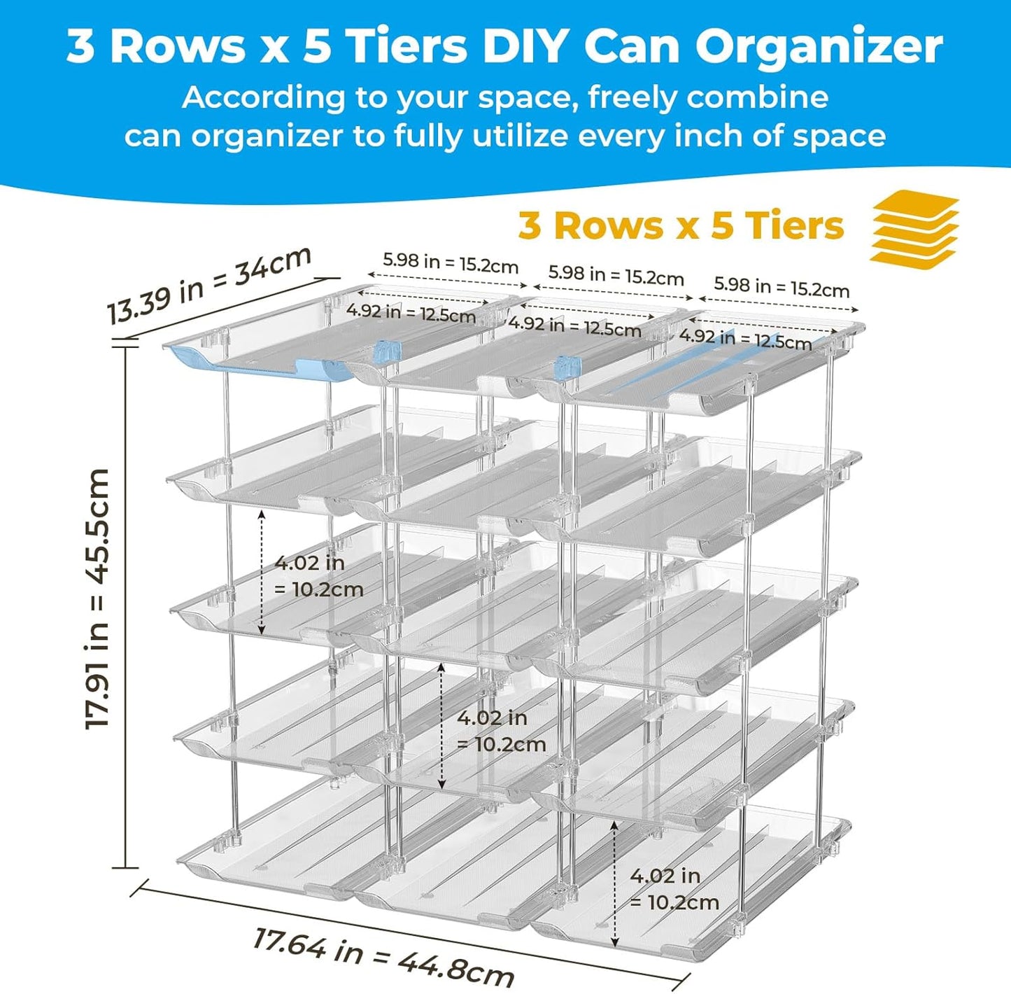 Stackable 5 Tiers Can Organizer Pantry, Canned Food Holder for Fridge Holds 60 Cans, Free Combination & Automatic Rolling, Space Saving Storage for Refrigerator Kitchen Pantry, Clear