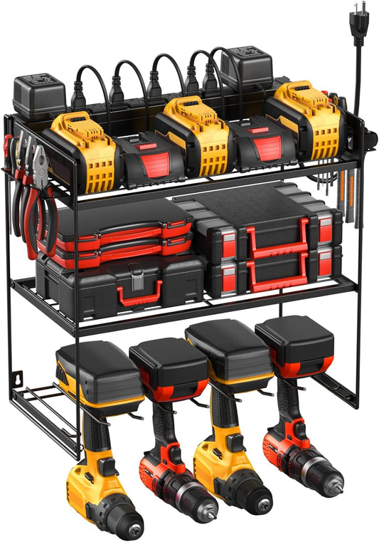 JUNNUJ Power Tool Organizer with 10 Outlet Power Strip, 3 Layer Wall Mount Drill Holder with Charging Station, 4 Drills Storage Shelf Shop Garage Utility Rack, Black