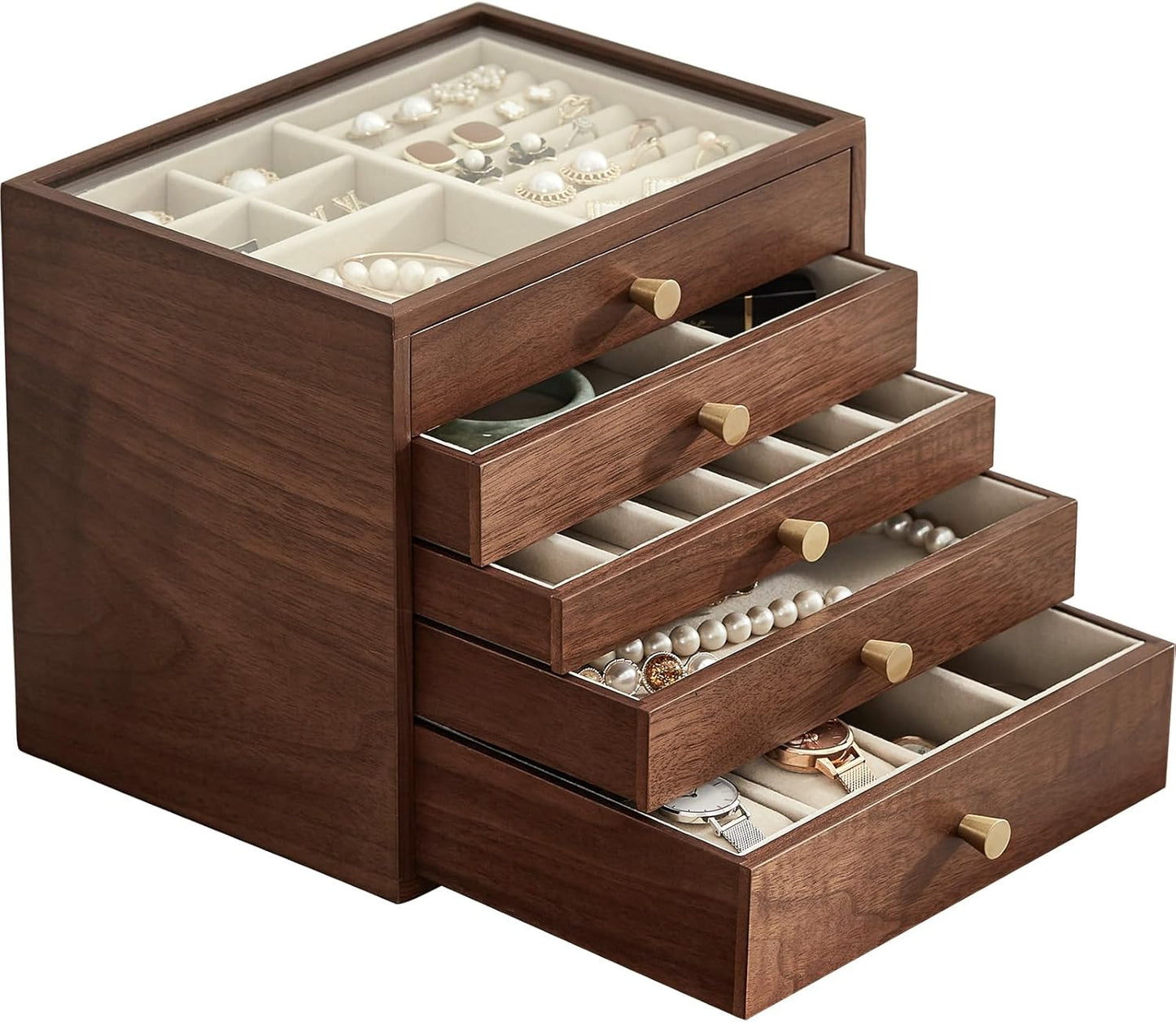 Black Walnut Wooden Jewelry Box Women large 5 Layer Drawer Wood Organizer Box with Glass Lid for Necklaces, Watch, Necklace, Ring, Earring Storage - Christmas Gifts