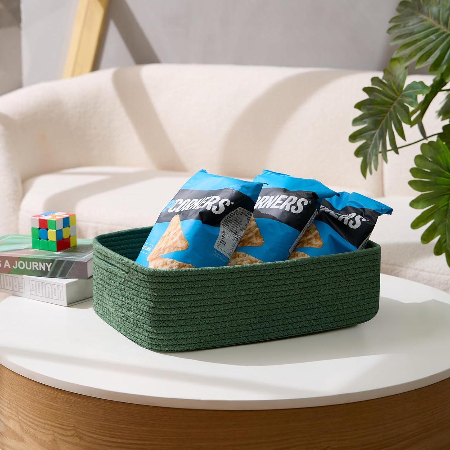 Large Shallow Organizing Baskets 15x11x5.1 Inches - Rope Woven Storage Bins for Bathroom, Shelves, Cube Closet, Green 3 Packs