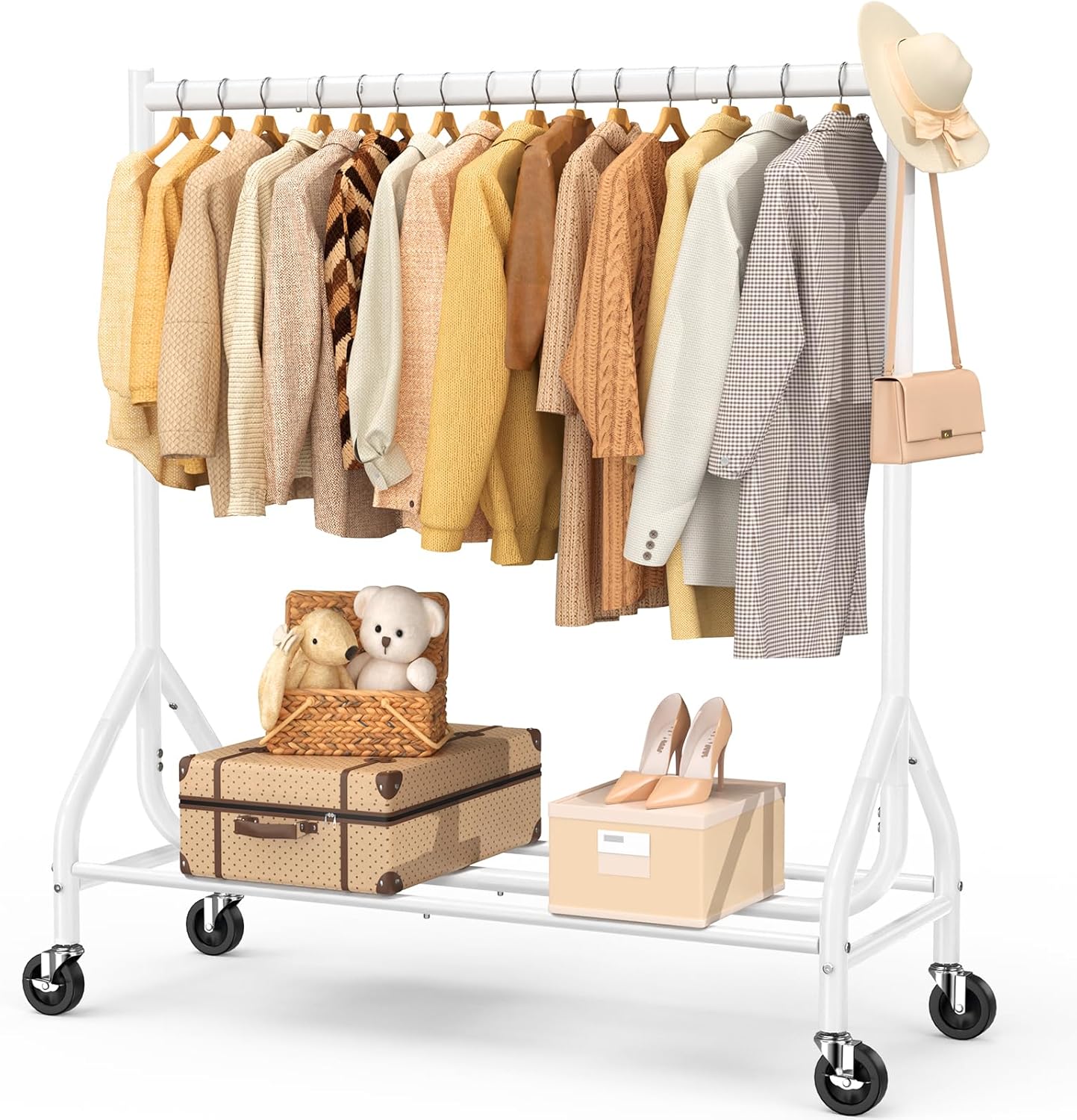 EAGMAK Heavy Duty Clothes Rack Load 420 LBS, 47.2" Long Rolling Garment Rack with Lockable Wheels, Standing Metal Clothing Hanger, Portable Wardrobe Sturdy Coat Organizer for Hanging Clothes (White)