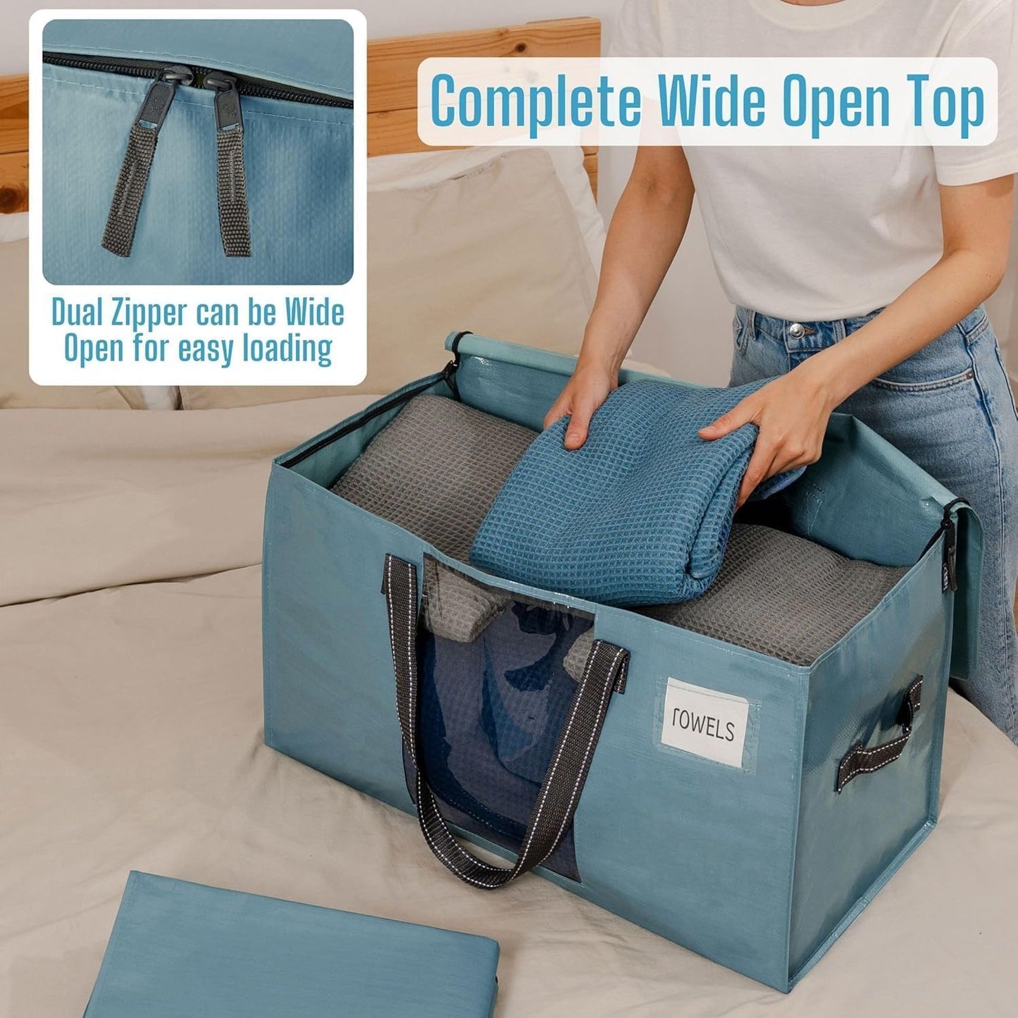 VENO 10 Pack Moving Bags, Comforter and Blanket Storage Bags for Closet, Moving Boxes, Boxes with Lids Alternative, College Dorm Packing Supplies, Foldable Heavy-Duty Tote (Shiny Light Blue, 10 Pack)