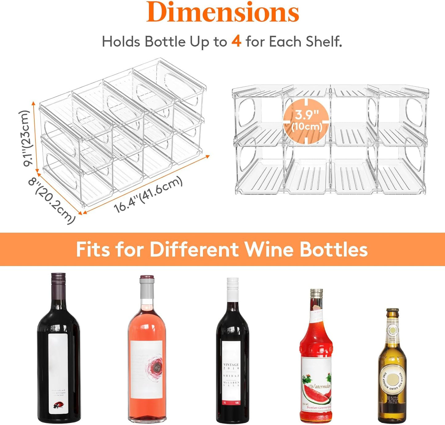 Lifewit Wine Rack for Fridge, Stackable Wine Bottle Holder with Sturdy Support Insert & Reinforced Design, Plastic Bottle Organizer for Refrigerator, Cabinet & Pantry, Clear, Holds 12 Bottles