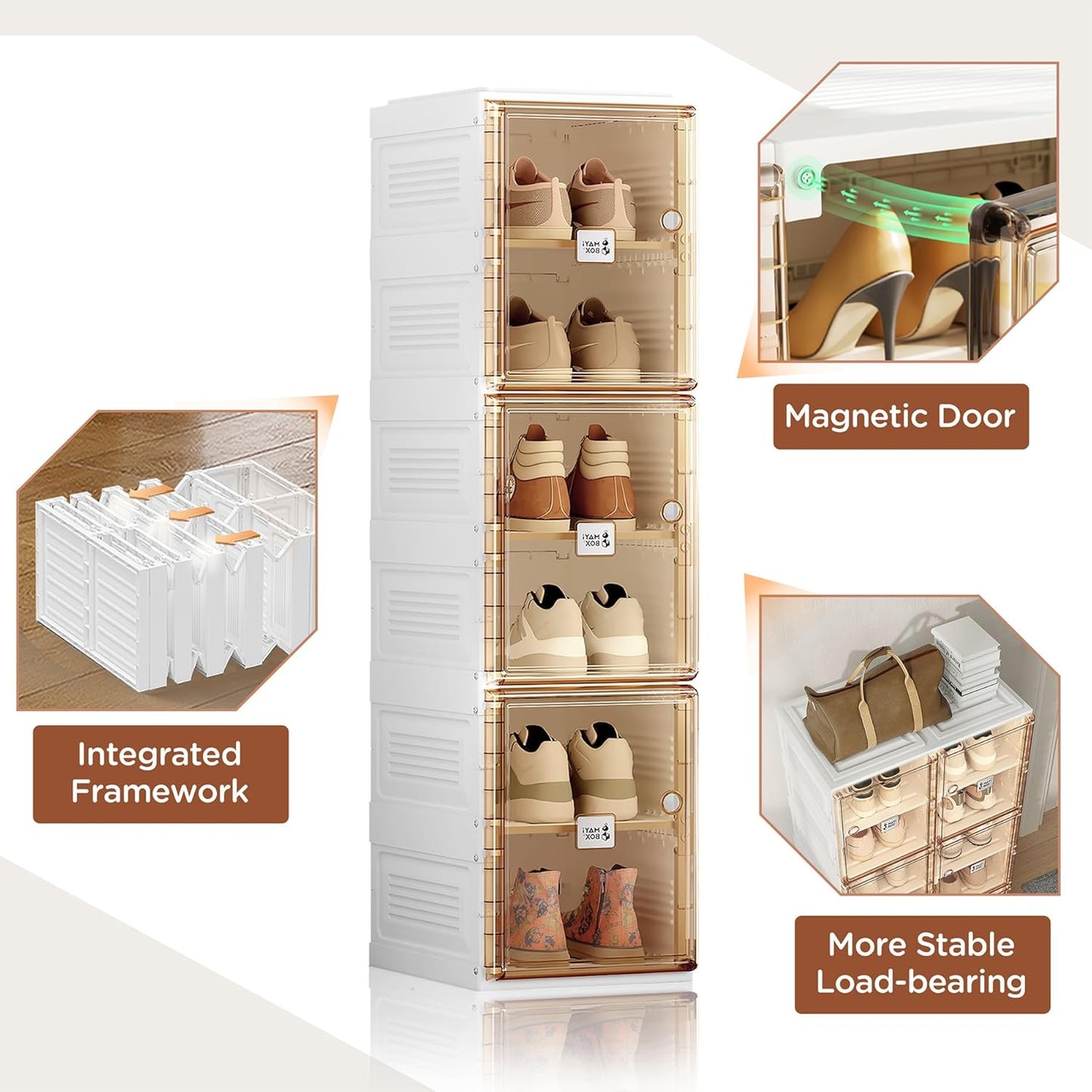 ANTBOX Shoe Organizer Storage Box, Portable Folding Shoe Rack for Closet with Magnetic Clear Door,Large Sneaker Cabinet Bins Sturdy Easy Assembly 6 Layers-6 Grids
