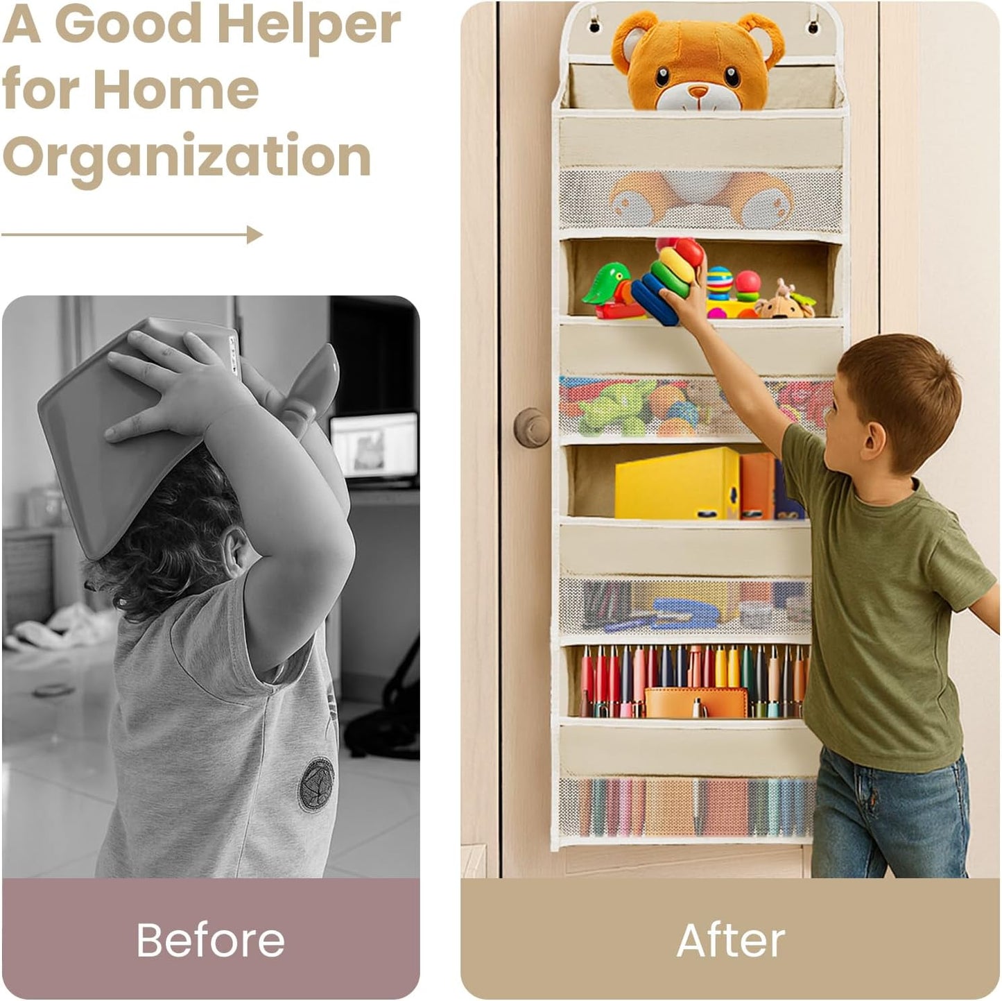 Over The Door Organizer with 4 Side Mesh Pockets, 4 Shelf Capacity Hanging Behind The Door Kitchen Organizers and Storage Suitable for Storing Toys, Shoes, Towels, Lvoy White, 4 Shelf
