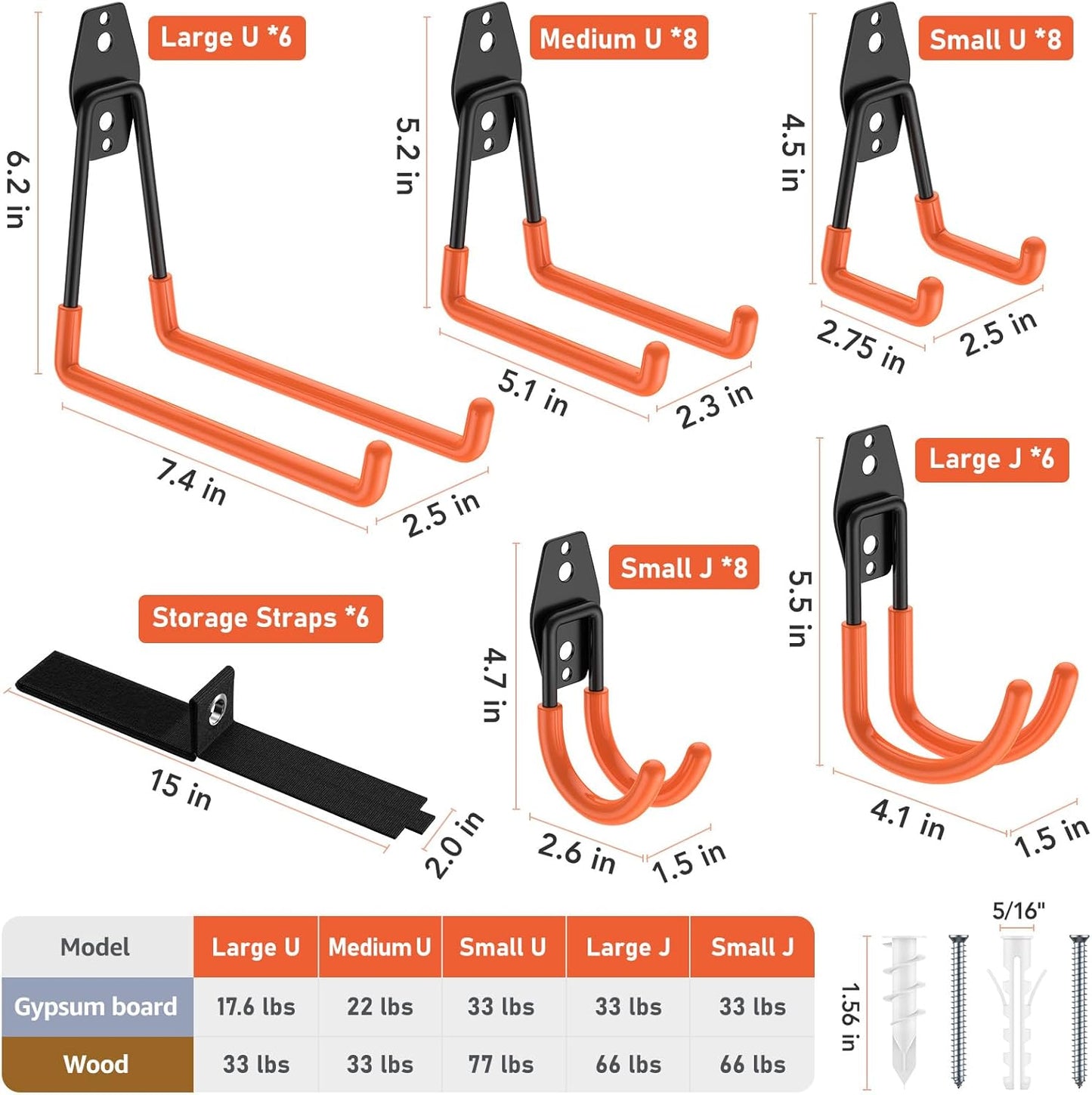 Garage Hooks with Anti-Slip Coating,Heavy Duty Wall Mount Storage Hooks for Hanging Bike,Hose,Ladder,Yard,Garden Tools (42 Pack Orange)
